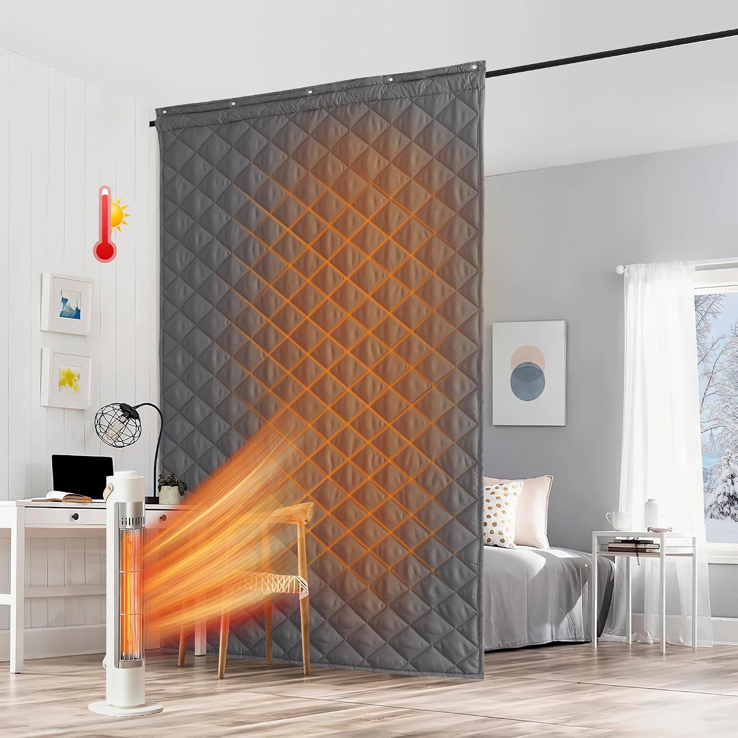 RYB HOME Thick Quilted Thermal Curtains for Winter Insulated, W48 x L96 | Room Divider, Energy Saving, Window Treatment, for Bedroom Living Room, Waterproof & Stain-Resistant, Summer, Grey, 1 Panel
