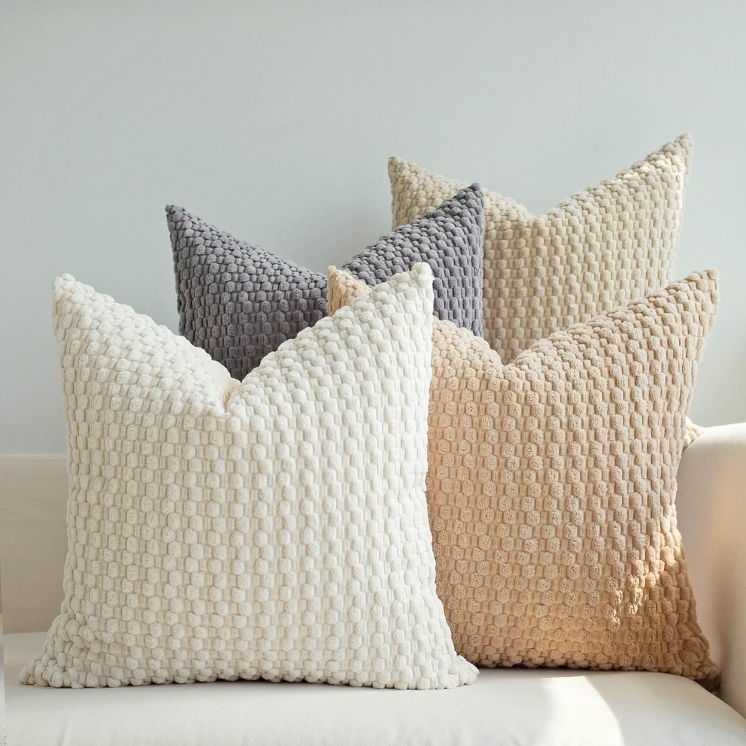 JOJUSIS Pack of 4 Throw Pillow Covers, Neutral, 18 x 18 Inch | Decorative, Farmhouse Boho Home Decor, Striped Corduroy, Square Pillowcases