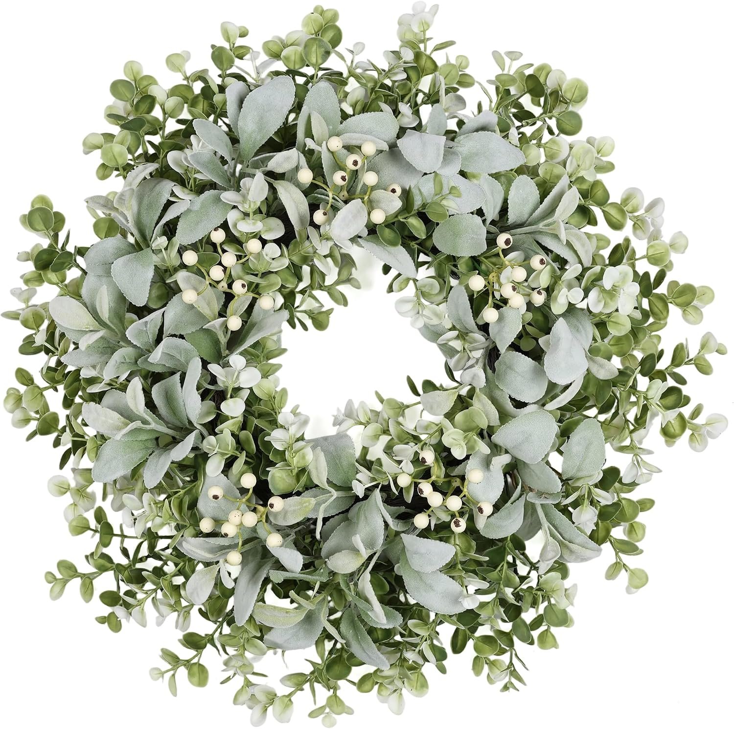 26 Inch Large Lambs Ear Wreaths for Front Door Spring Summer Lambs Leaves with White Berries, Artificial Greenery for Farmhouse Porch Wall Living Room Home Wedding Decor for All Seasons Wreaths