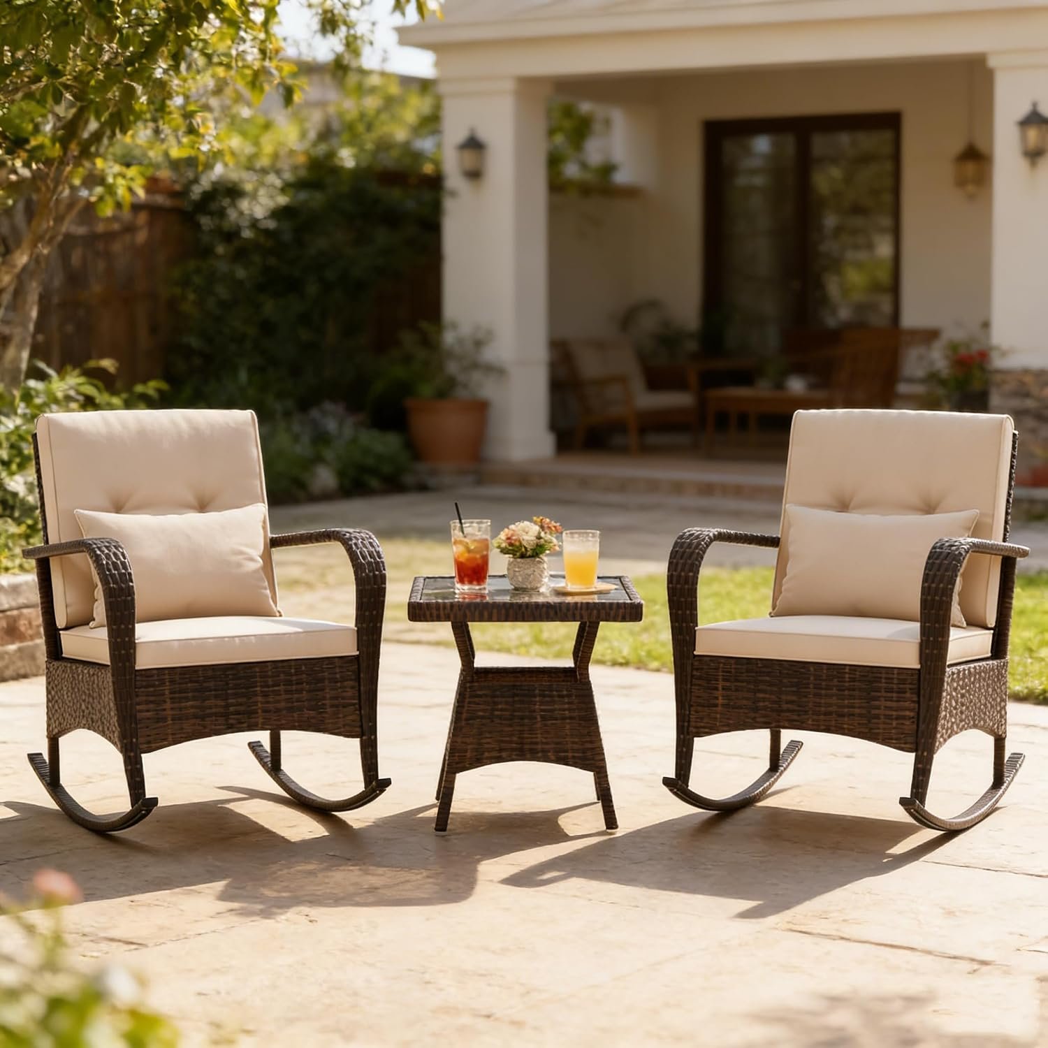 COSTWAY Outdoor Rocking Chairs Set of 2, 3 Piece PE Wicker Patio Bistro Set | Coffee Table & Thick Cushions, Rattan Patio Rocker Furniture for Front Porch Lawn Garden Backyard Deck Poolside (Beige)