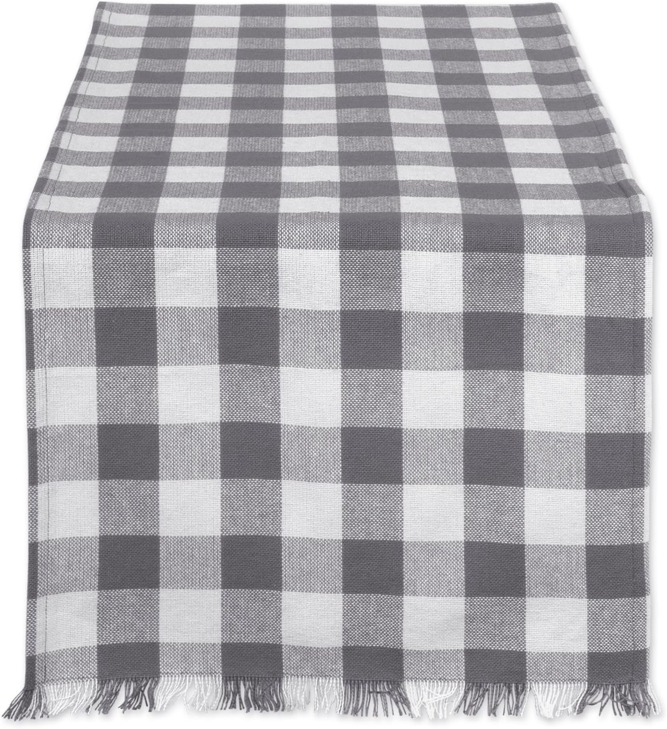 DII Heavyweight Fringed Check Tabletop Collection, Table Runner, 14×72, Gray