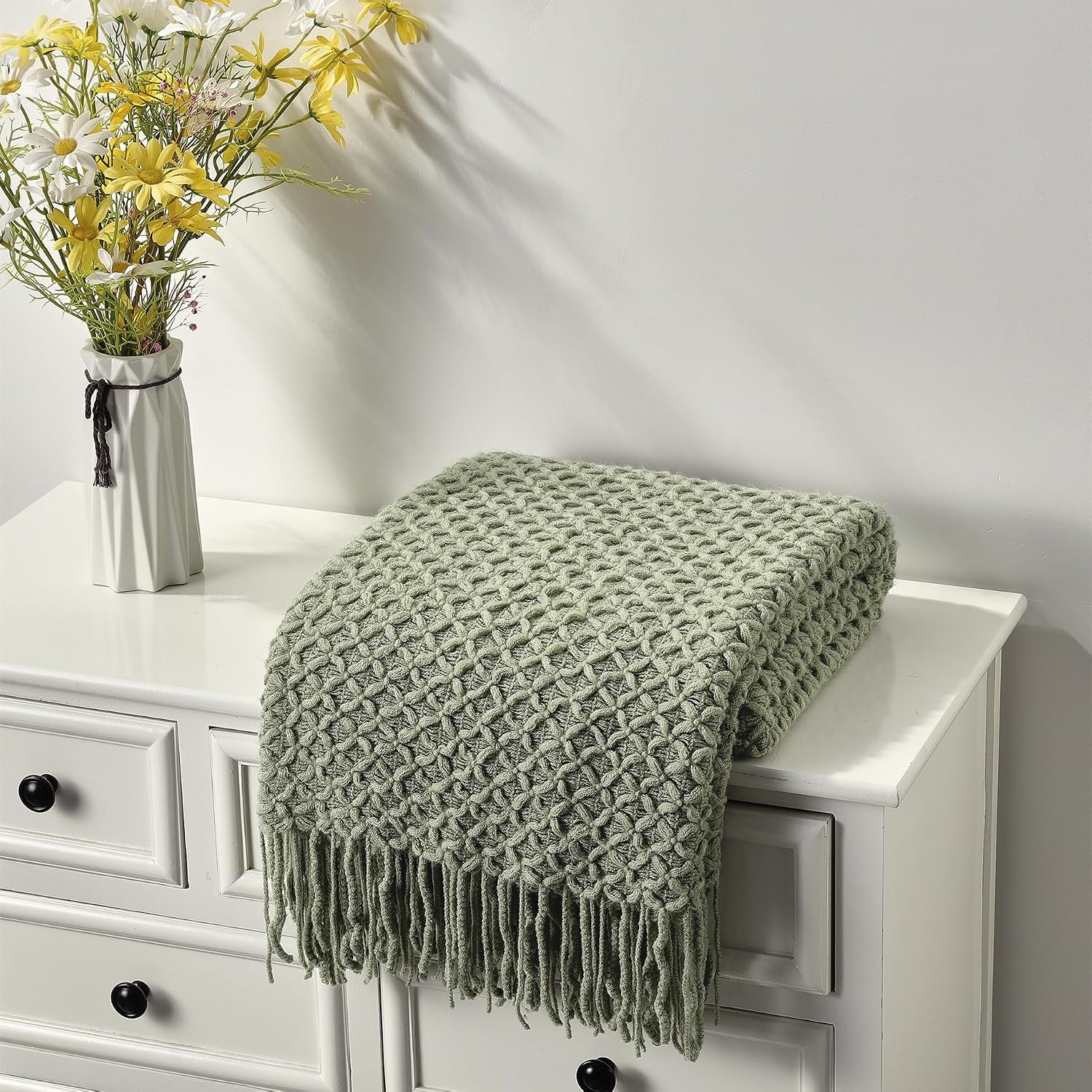 CREVENT Farmhouse Boho Knitted Throw Blanket for Couch Sofa Chair Bed Home Decoration, Soft Warm Cozy Light Weight for Spring Summer Fall (60”X80” Sage Green)