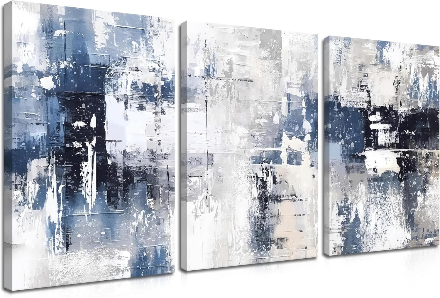 Abstract Blue and White Wall Art Set of 3, Modern Simple Navy Framed Canvas Prints Poster, Gray Painting Picture for Living Room, Bedroom, Office Wall Decor 12×16 Inch