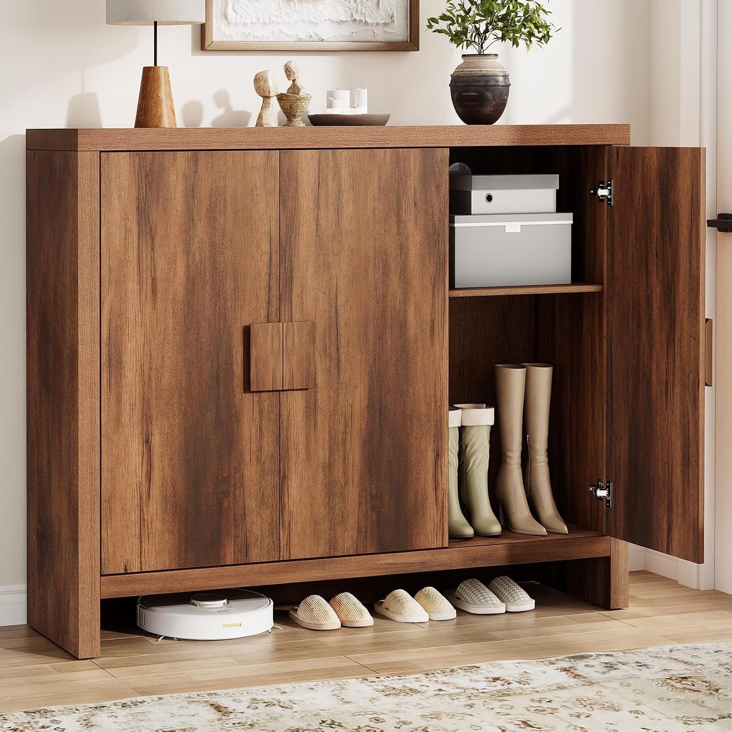 Shoe Cabinet with 3 Doors, 30 Pairs Shoe Storage Cabinet with Adjustable Shelves & Ventilation Hole Design, 47” Wide Shoe Rack Shoe Organizer Cabinet for Entryway Living Room (Vintage Brown) | 30-35 Pairs Shoe Storage Cabinet with Ventilation Hole Design, 47 Inch Wide Shoe Organizer for Entryway Living Room Closet