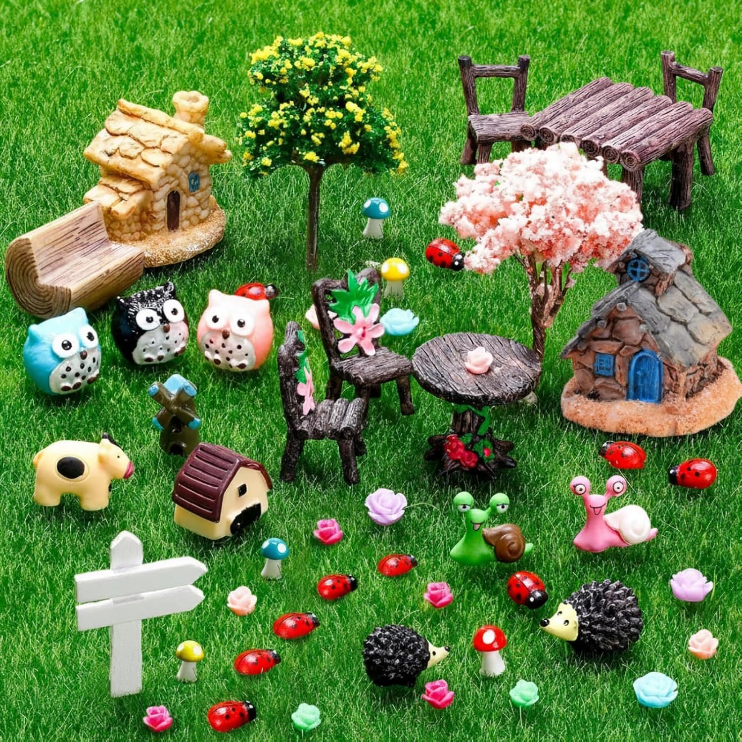 Skylety 64 Pieces Fairy Garden Kit, Miniature Landscape Accessories Set with Animals, Plants, Fairy House, Furniture and Decorations, DIY Outdoor Supplies for Planters, Pots and Moss Terrariums