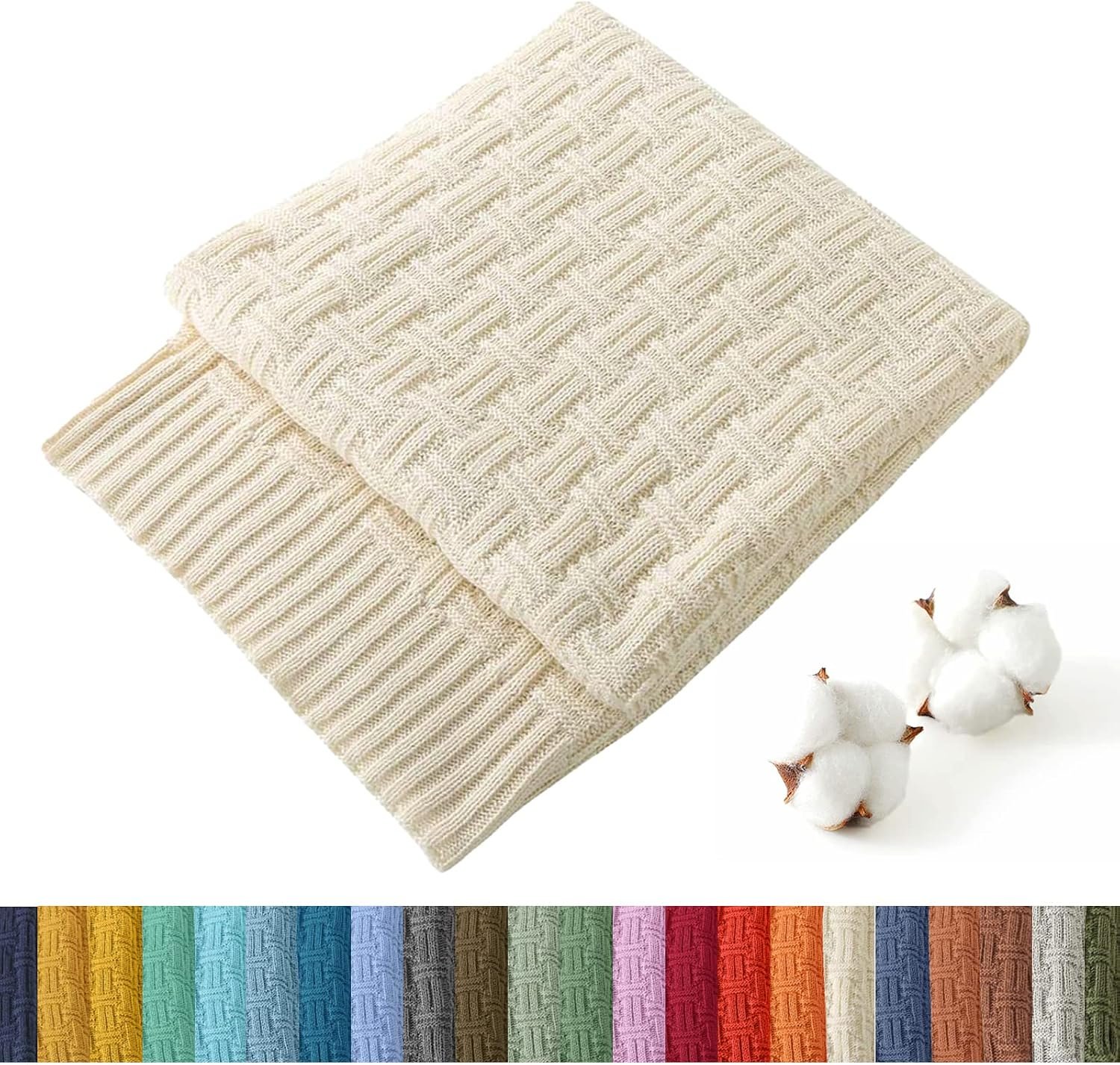 TREELY 100% Cotton Knitted Throw Blanket 31 x 40 Inches, Ivory White | Couch Cover Blanket, Decorative for Couch, Bed & Sofa