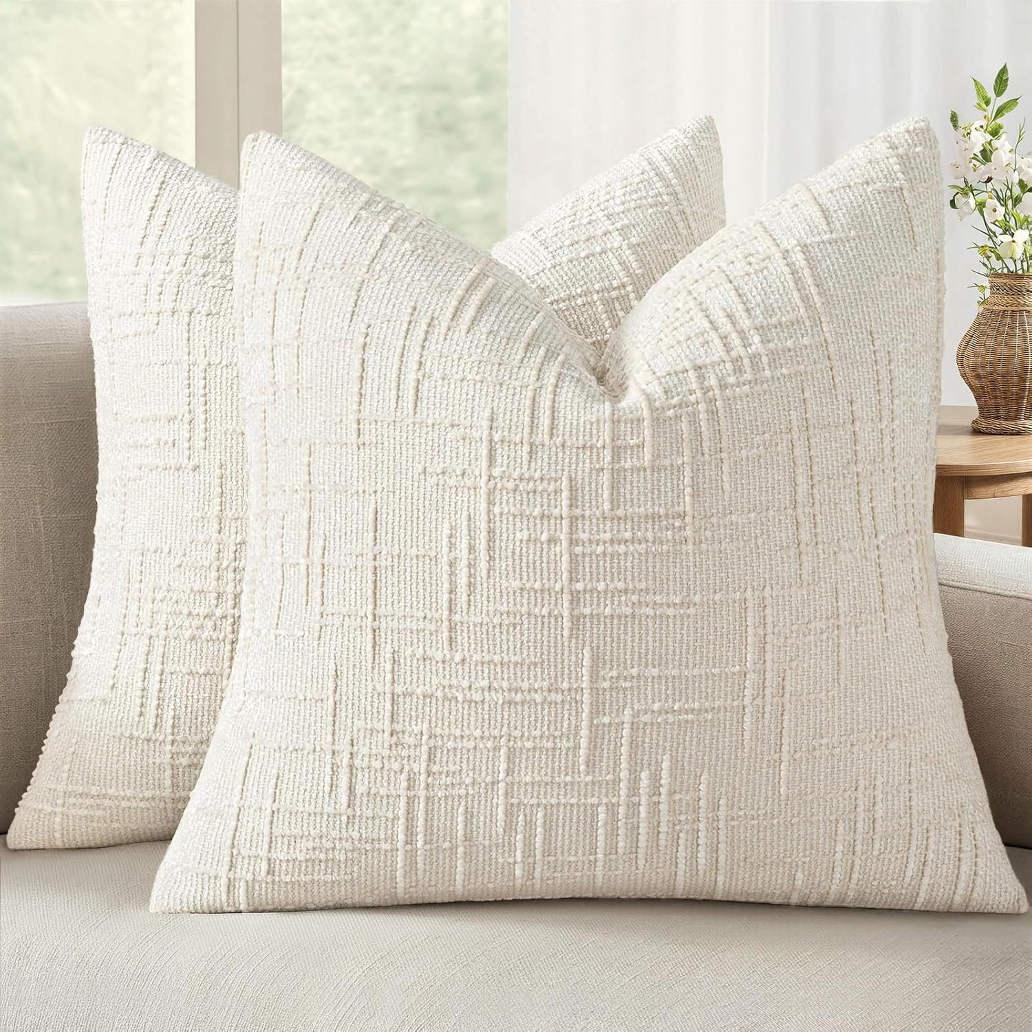 MIULEE Chenille Textured Throw Pillow Covers Cream White 20×20 Set of 2 | Slubby Decorative Pillows, Boho Farmhouse Home Decor, Modern Neutral Cushion Covers for Couch Sofa Bed Living Room
