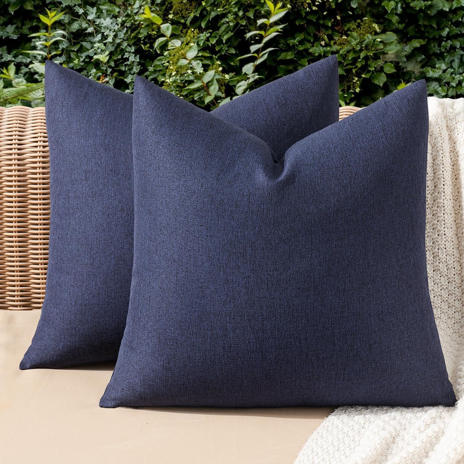 MIULEE Decorative Outdoor Pillow Covers Waterproof 18×18 Navy | Solid Faux Linen Throw Pillow Covers Set of 2 Farmhouse for Patio Furniture Tent Balcony Garden Couch Sofa Cushion