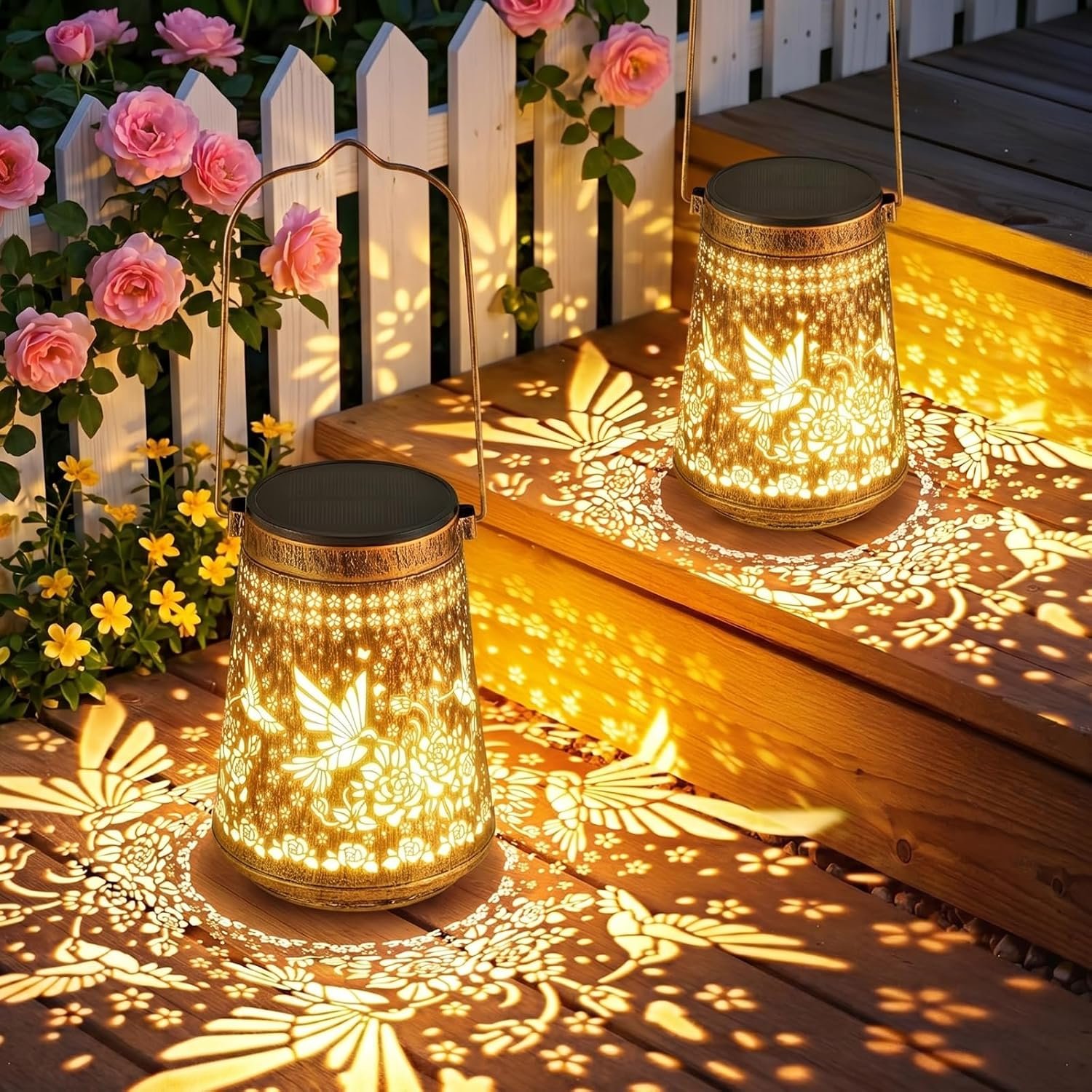 2 Pack Solar Lanterns Outdoor Waterproof Birthday Gifts for Women Mom Grandma, Hollowed-Out Metal Hummingbird Hanging Solar Lantern Lights Outdoor Decor, 2 Modes Lights Decor for Yard, Patio