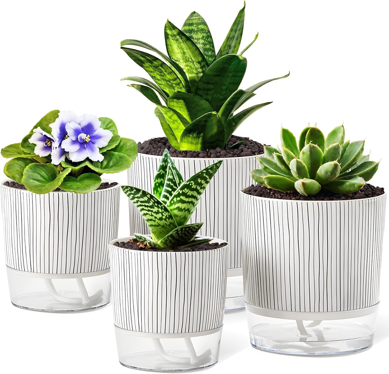 4 Pack Self Watering Pots, 4/5.5 Inch Self Watering Pots for Indoor Plants | Planter Pot with Wick Rope and Reservoir for African Violet, Spider Plant, Orchid