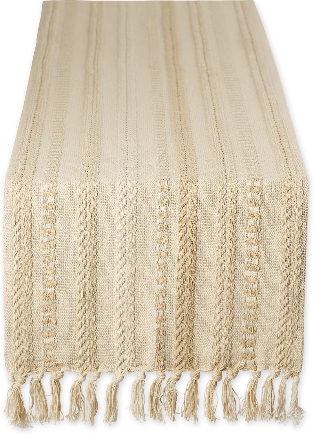 DII Farmhouse Braided Stripe Table Runner Collection, 15×72 (15×77, Fringe Included), Vintage Linen
