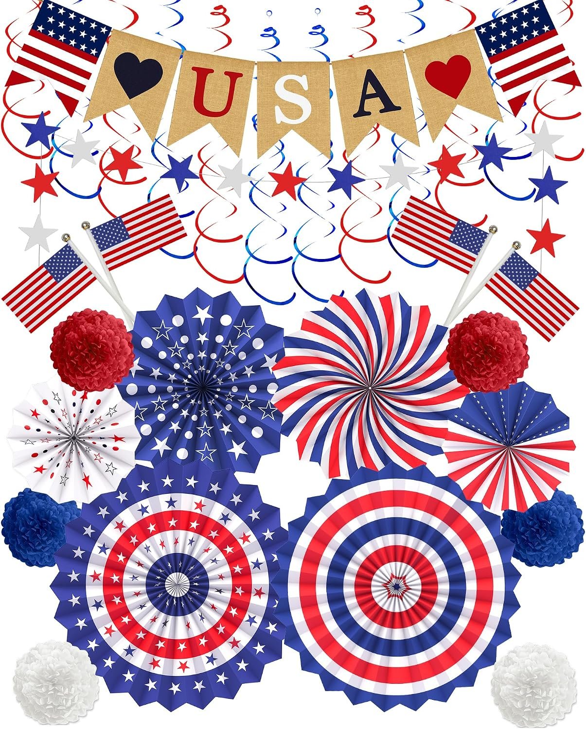 Lutoys 30 Pcs Patriotic Decorations for Veterans Day, 4th of July Decor LOVE USA Banner American Flag, Red White Blue Paper Fans Pompoms Labor Memorial Day Decor for Indoor Outdoor Outside
