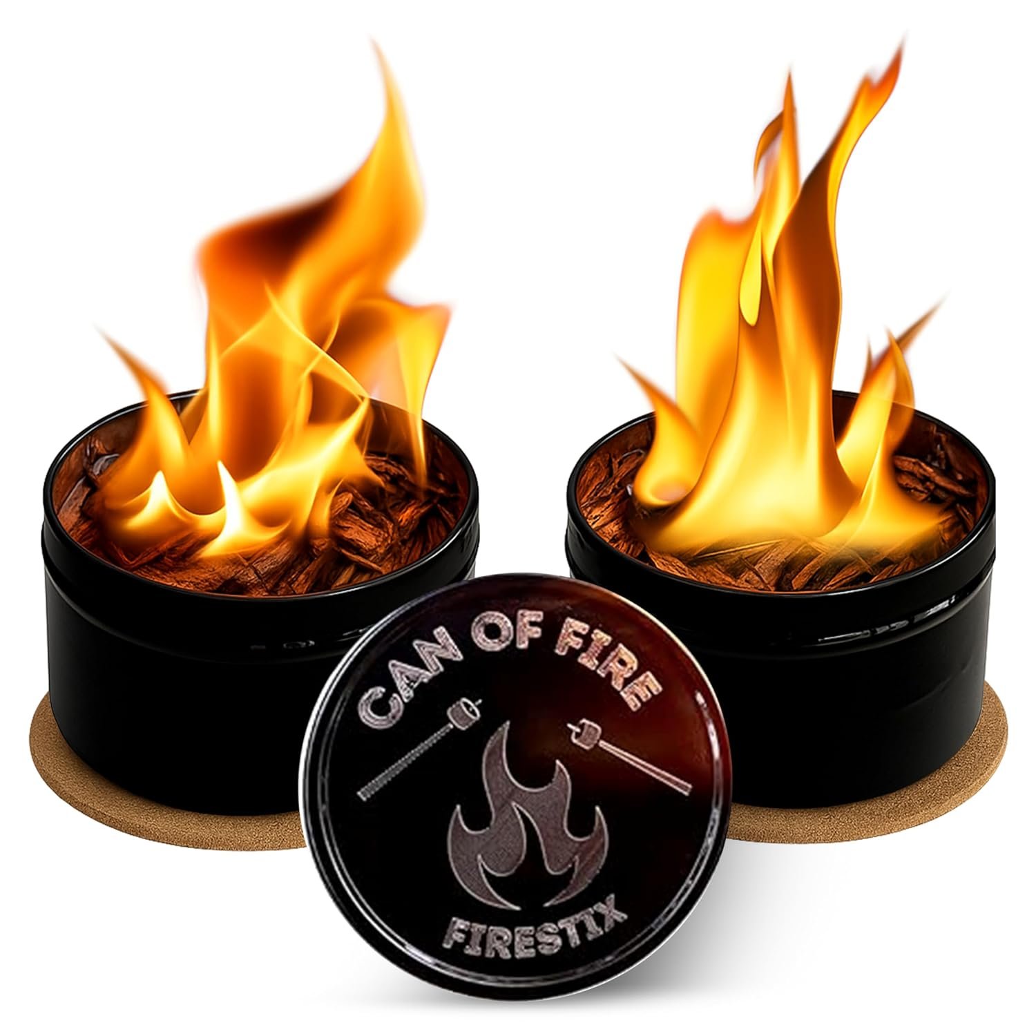 [2-Pack] Can of Fire Tabletop Mini Bonfires – 2–3 Hour Burn Time – Made from Recycled Wood Chips & Paraffin Wax – Includes Safety Coasters – Reusable Flame for Camping, Ambiance, and Emergency Heat