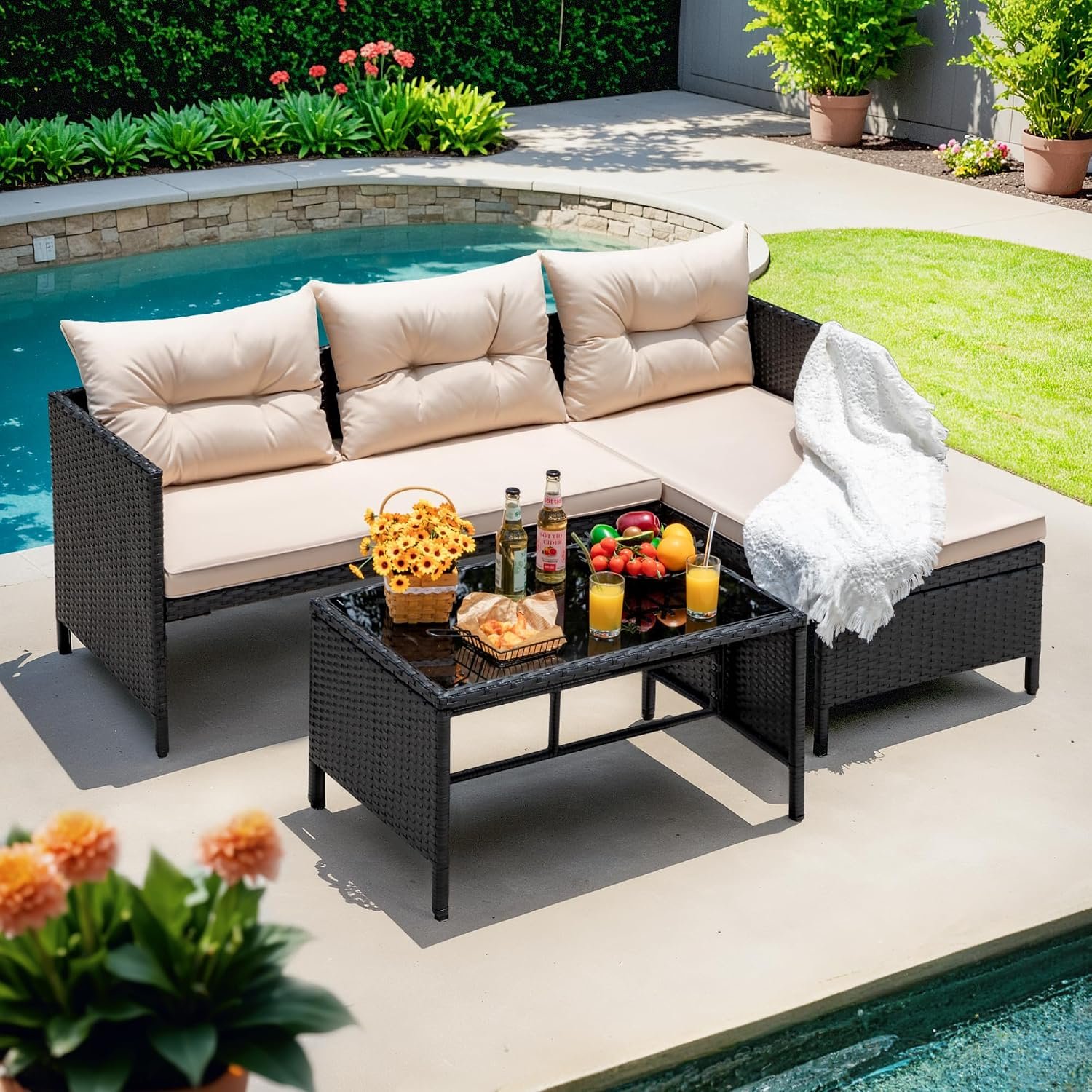 Devoko Outdoor Patio Furniture 3-Piece Rattan L Shaped Sectional Sofa Beige | Wicker Patio Set, All-Weather Patio Couch with Cushion and Glass Table for Balcony, Porch, Garden and Poolside
