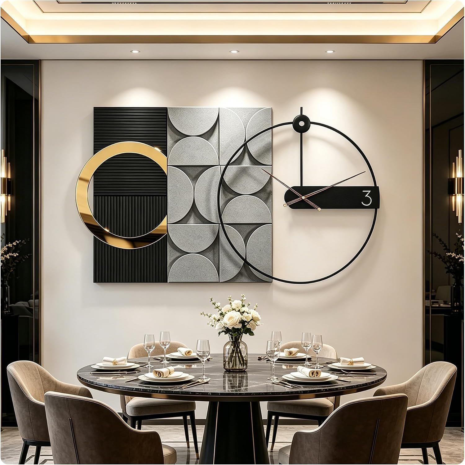 Modern oversized Wall Decor Clock, Large Geometric Decorative Wall Clock with 3D Textured Panels, Silent Non-Ticking Quartz, Black Gold & Grey Wall Art for Living Room Dining Room Office, 41×23.6″
