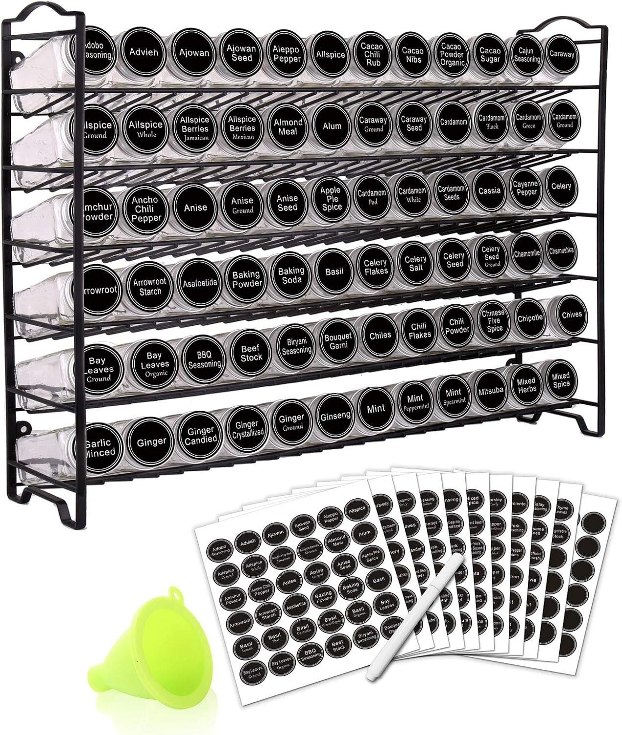 SWOMMOLY Spice Rack Organizer with 72 Spice Jars 4 oz, 396 Spice Labels | Chalk Marker, Funnel Set, Spice Organizer for Countertop, Pantry, Cabinet, Cupboard & Wall Mount, 22.2″ W × 16.5″ H, Black