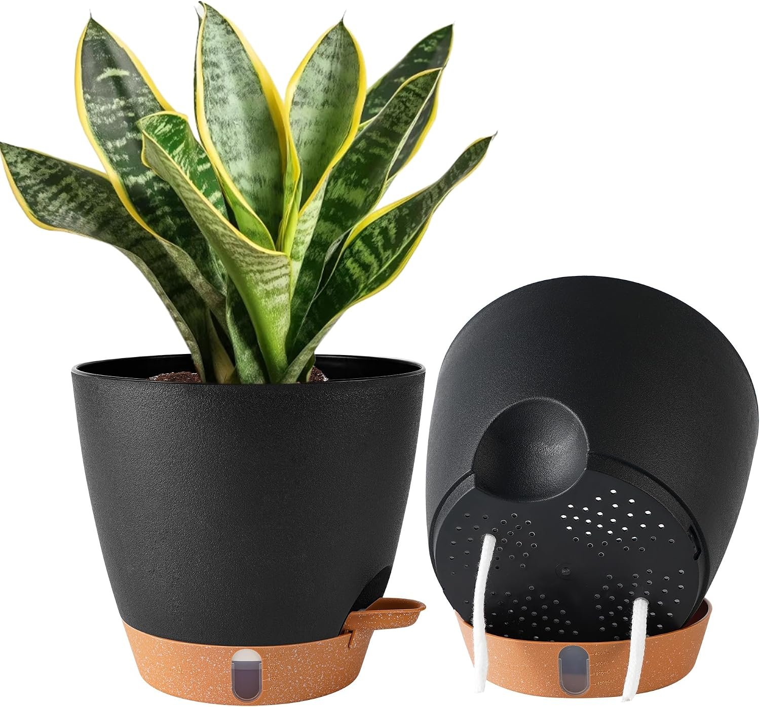 2 Pack 8 Inch Pots for Plants Indoor, Plastic Self Watering Planters | Drainage Holes, Water Level Indicator & Deep Reservoir, Decorative Flower Pots Indoor Outdoor Use, Black