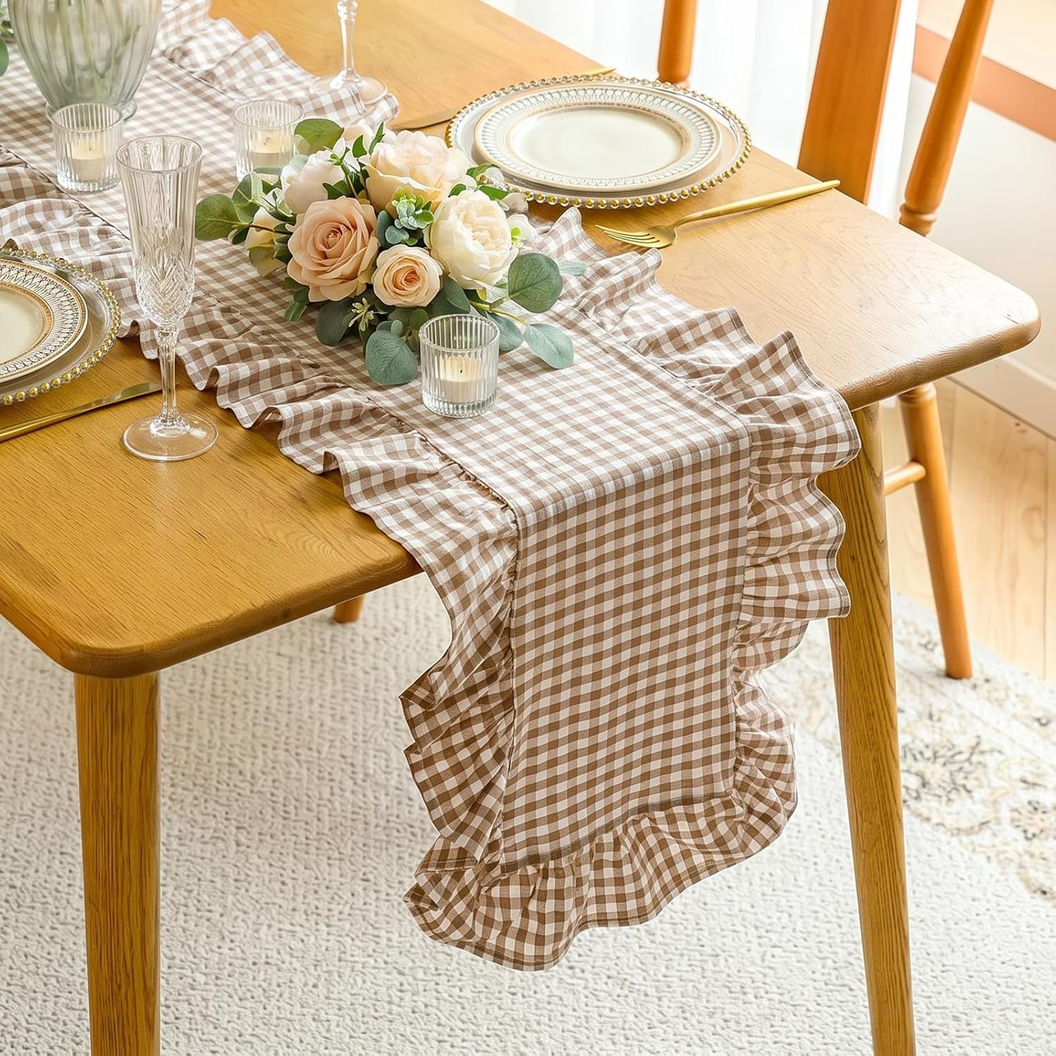 Brown Rectangle Table Runner 118″ x 14″ Scalloped Checkered Table Runner | Plaid Table Runner for Rustic Home Kitchen Wedding Party Decor