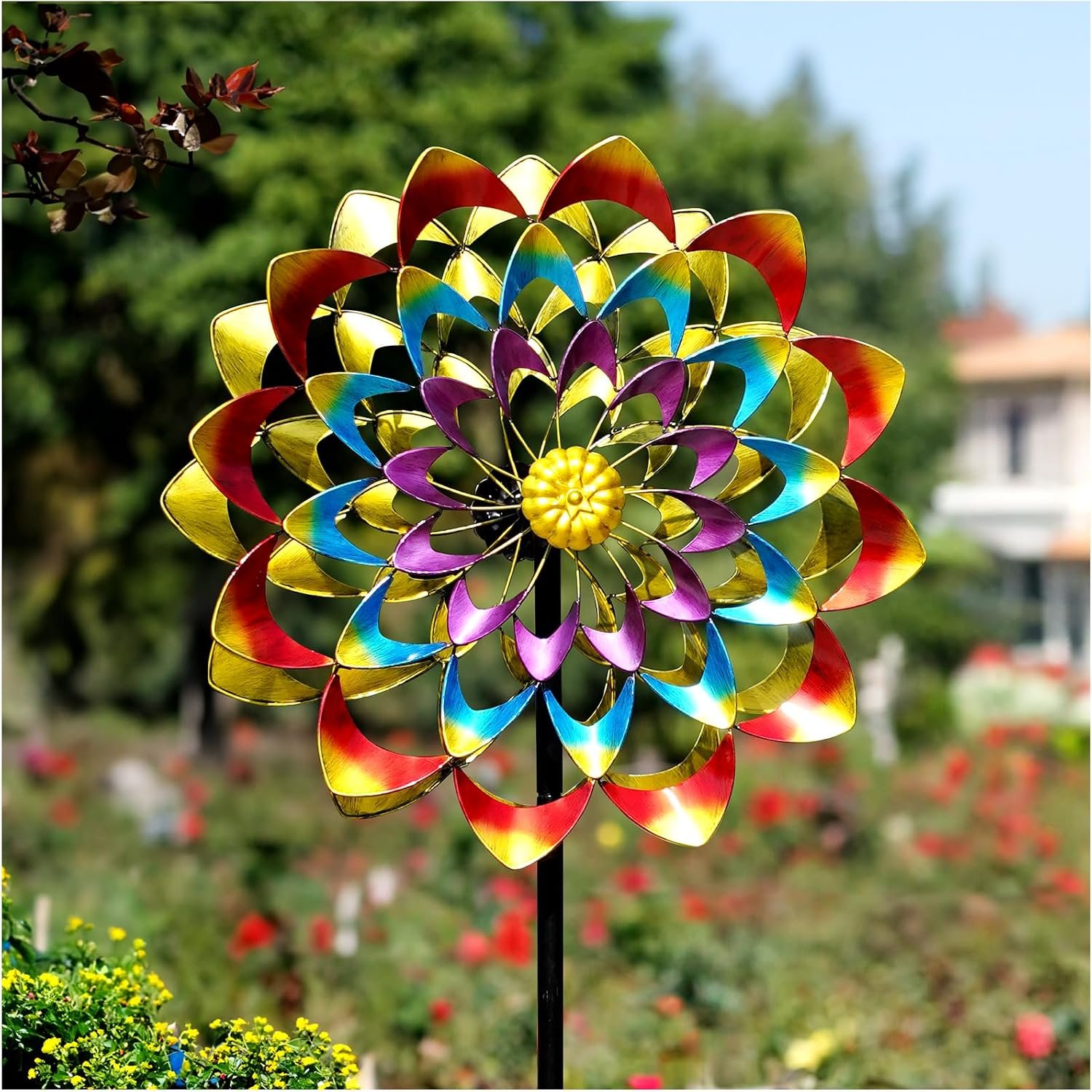 Garden Wind Spinners Outdoor Large Metal, 84” Yard Art Wind Sculptures & Spinners, Windmills Gifts for Mother’s Day Birthday Lawn Patio Decor(Rainbow)