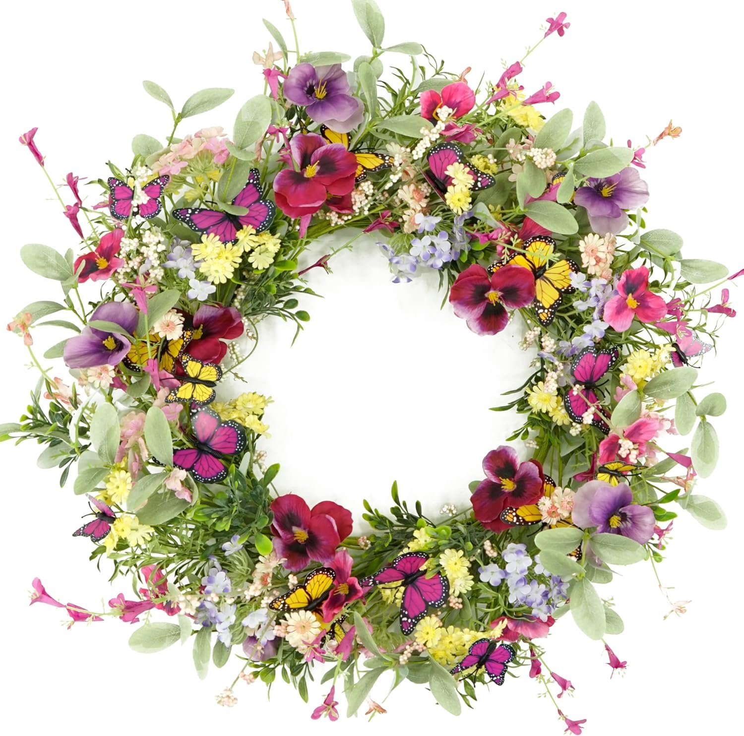 AMF0RESJ Artificial Spring Wreaths for Front Door Pansy Wreath Summer Wreath with Colorful Pansy,Berry,Daisy for Front Door Indoor Outdoor Farmhouse Home Wall Window Festival Decoration