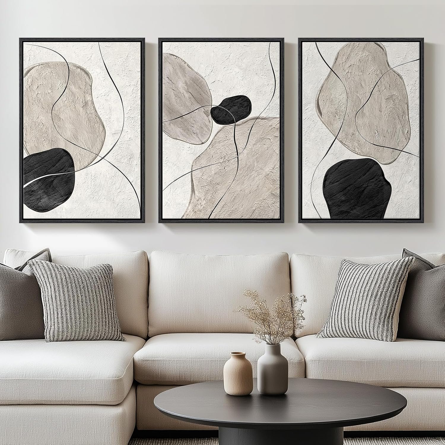 Framed Black and White Abstract Wall Art for Living Room, Large 3 Piece Neutral Minimalist Canvas Artworks, Modern Painting Prints for Dining Room Hallway Home Office Wall Decor, 24×36 In