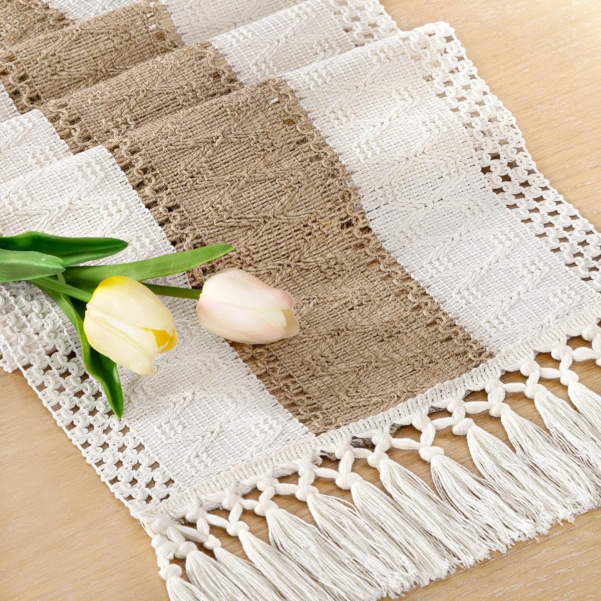 Boho Table Runner Summer Farmhouse Rustic Dining Dresser Scarf Home Decor | Tassel Kitchen Centerpiece Small Macrame Woven Cotton Linen Coffee Table Runner Holiday Party Decorations 12x36in