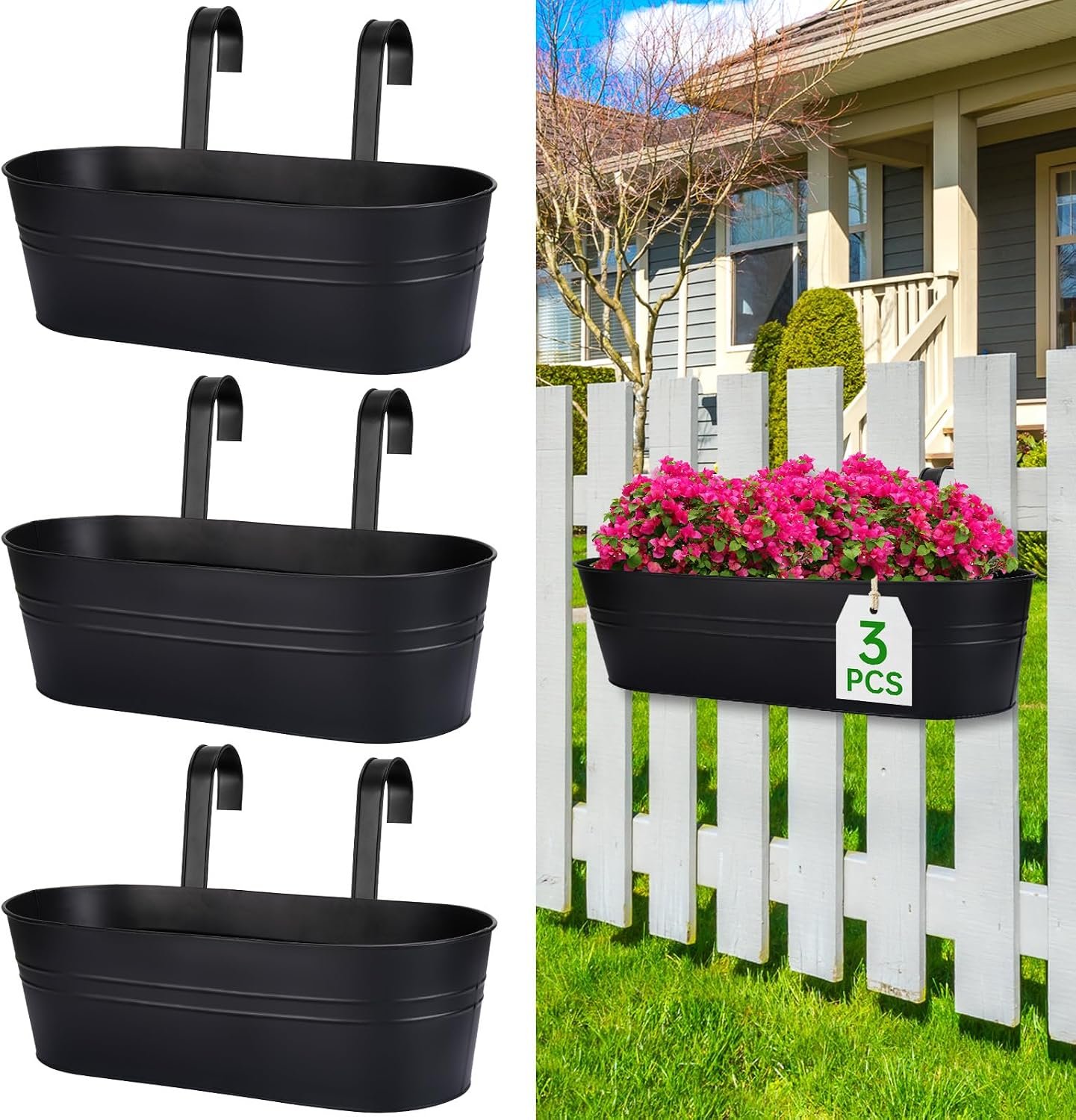 Railing Planter Box, 16″ Large Hanging Planters for Outdoor Plants, 3 Pack | balcony planters with Detachable Wide Hooks fit 2.7″ Railings, For Deck, Fence & Patio Decor