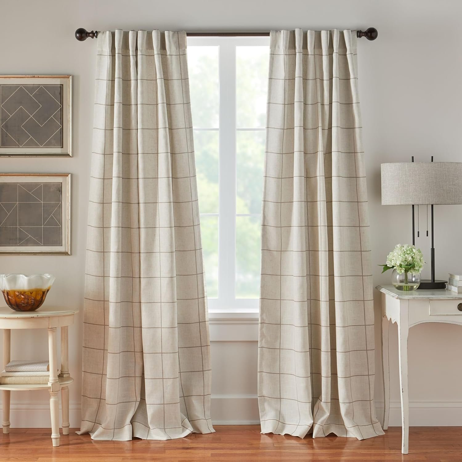 Brighton Windowpane Plaid Blackout Window Curtain Panel, Linen – 52″ W x 84″ L