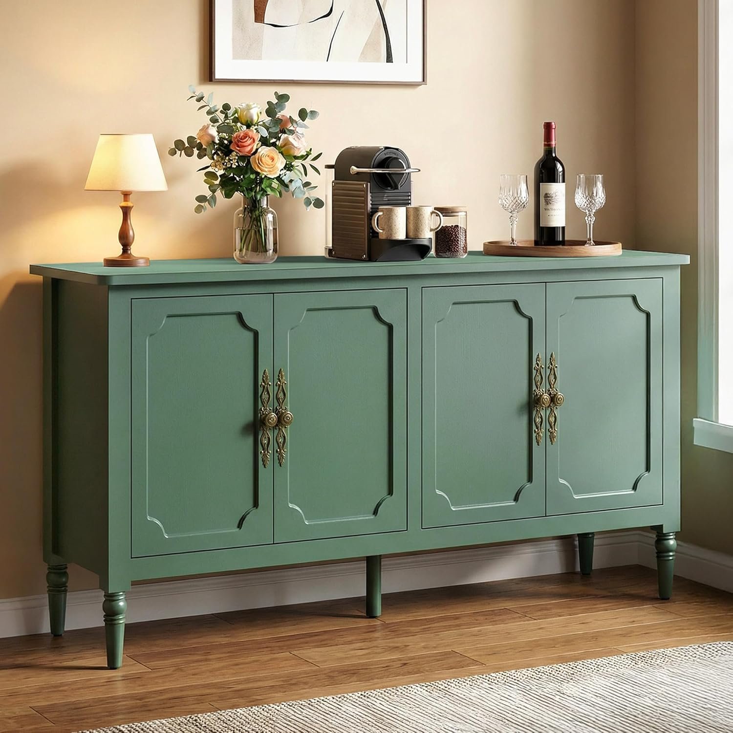 RoyalCraft Buffet Cabinet with Storage, 59″ Vintage Sideboard with Adjustable Shelves, Mid Century Modern Painted Credenza Coffee Bar for Kitchen, Dining Room, Entryway, Living Room, Forest Green