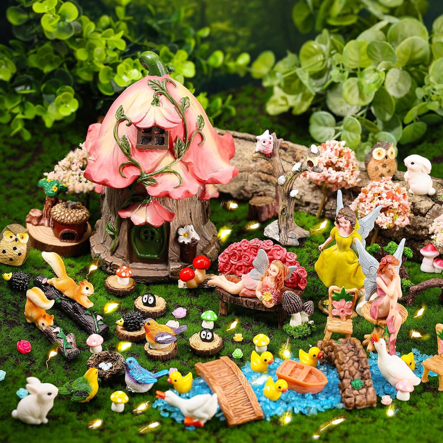 93 Pcs Fairy Garden Accessories Miniature House Figurines Kit | Mini Resin Fairies Animals Ornaments Set Village Decor Outdoor for DIY Dollhouse Supplies