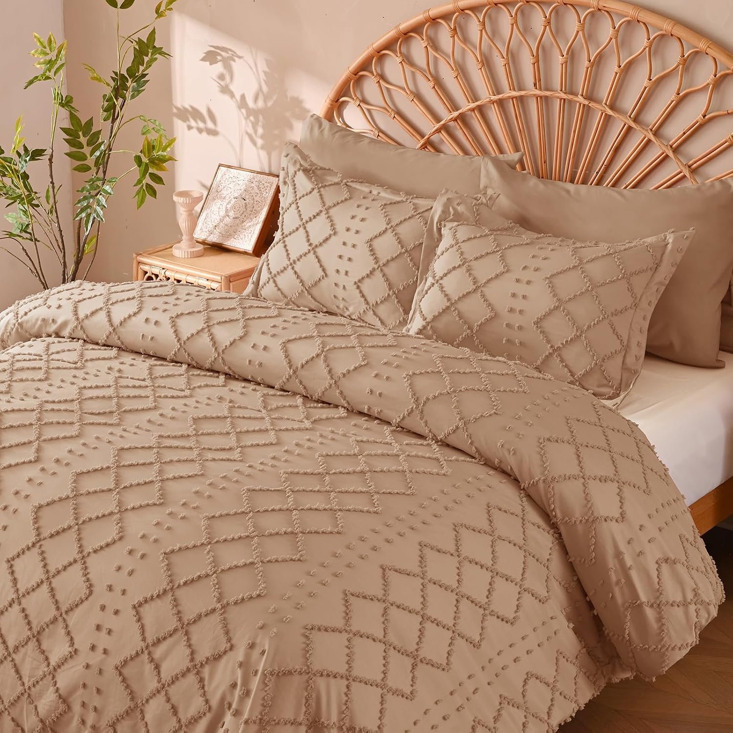 Manyshofu Taupe Tufted Duvet Cover Set, 5 Piece Boho Queen Bedding | Corner Ties Keep Insert Secure, Fade-Resistant Microfiber, Geometric Embroidery Design, Zipper Closure, Machine Washable