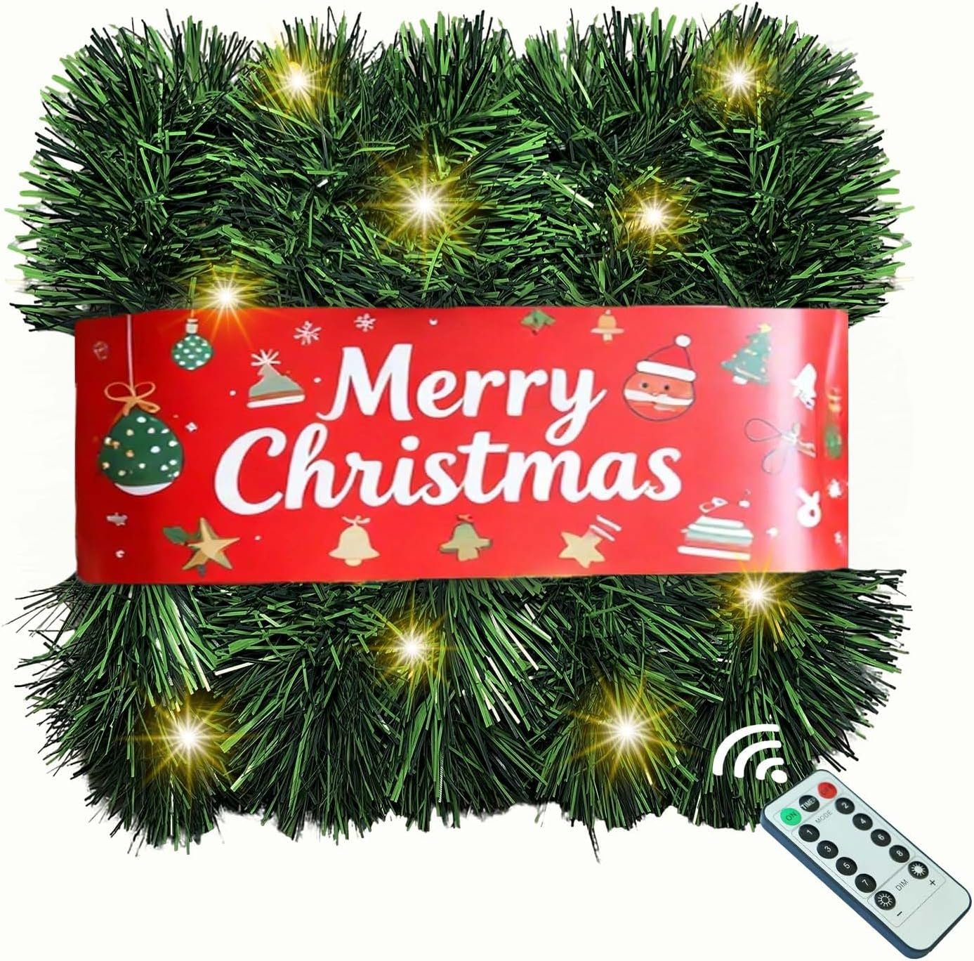 Christmas Garland with Lights, 30 Feet 50 Led Battery Operated Pre-Lit Long Garland Remote Timer for Stairs Railing Fireplace Mantle Office Door Frame Decor Green Greenery Indoor Outdoor Decorations