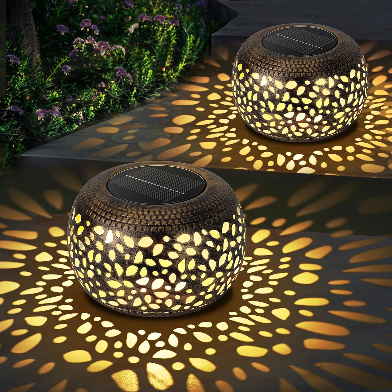 Solar Lanterns Waterproof Outdoor Decor: 2 Pack Hollow Out Retro Metal Solar Lights – Unique Gardening Gifts for Women Mom – Outside Garden Yard Patio Porch Tabletop Decorations 2 Lighting Colors