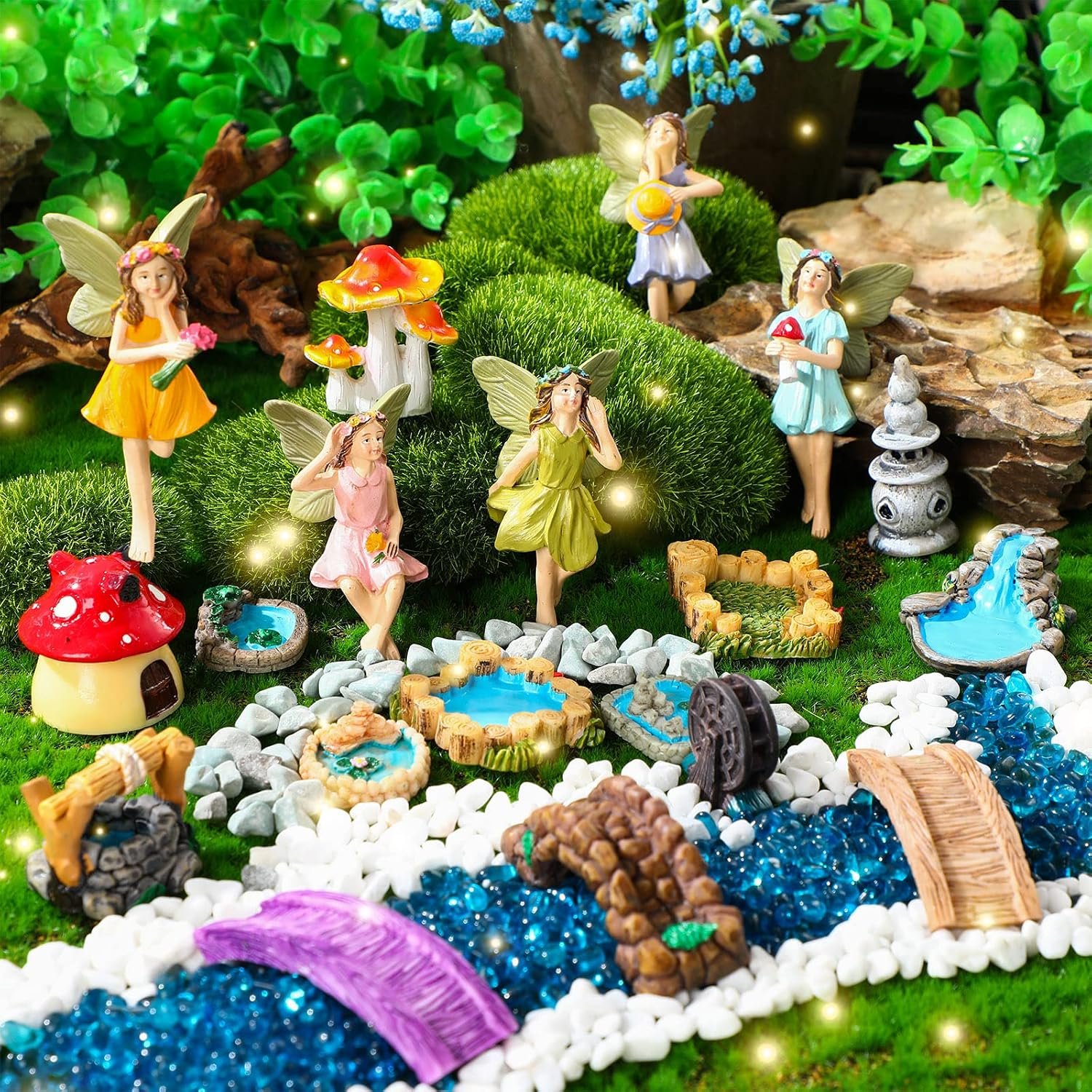 Unittype 19 Pcs Fairy Garden Accessories Outdoor Miniature Fairy Figurine | Garden Fairy Decor for Outside, Made of Resin, Miniature Fairy House Supplies, Mushroom, Bridge, Lighthouse, Water Well, Pond