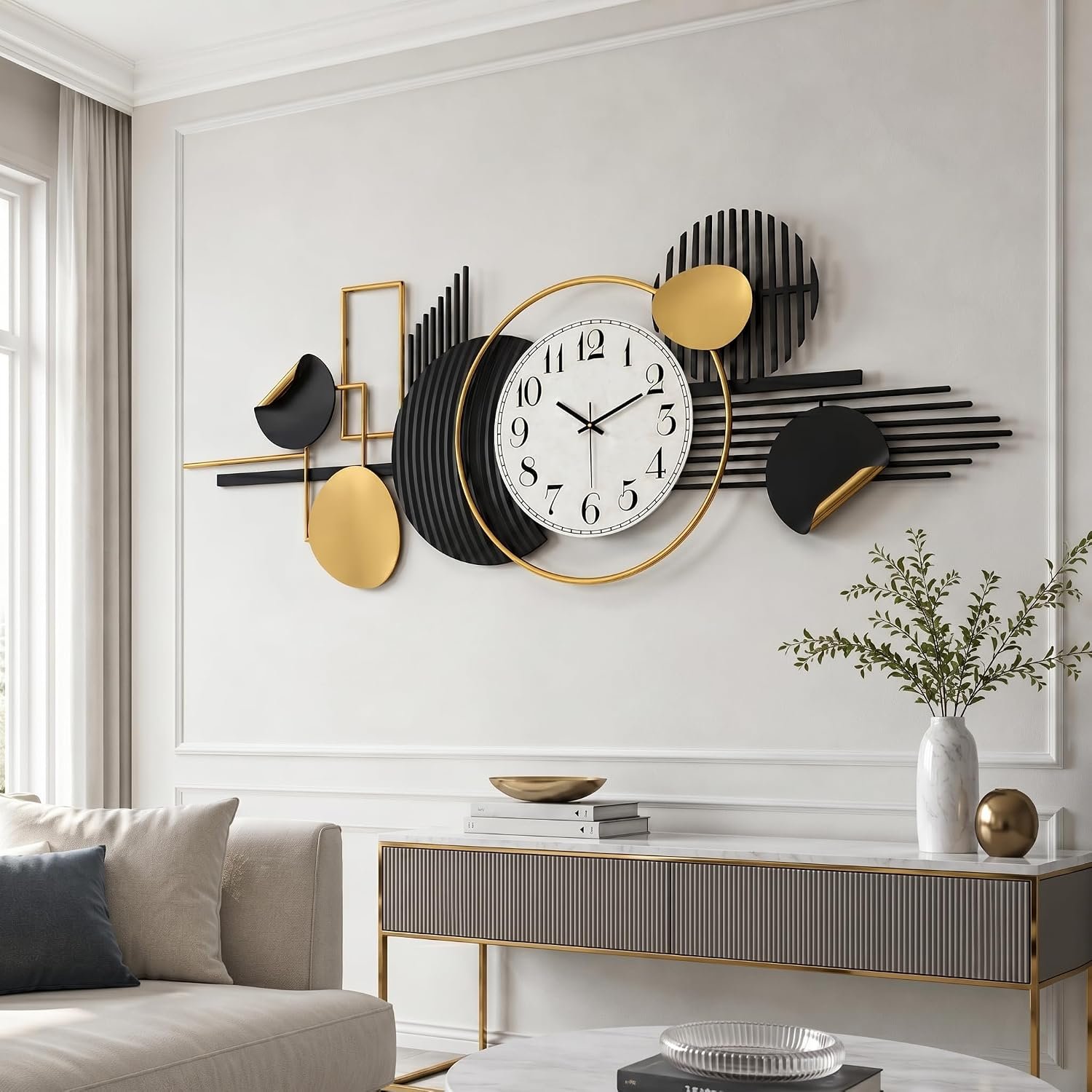 HAVFIFK 59″ Large Metal Wall Clock,3D Silent Clock for Living Room | Layered Geometric Design, Easy to Install, Vertical or Horizontal Hanging Wall Art Decor for Bedroom, Dining Room, Office.