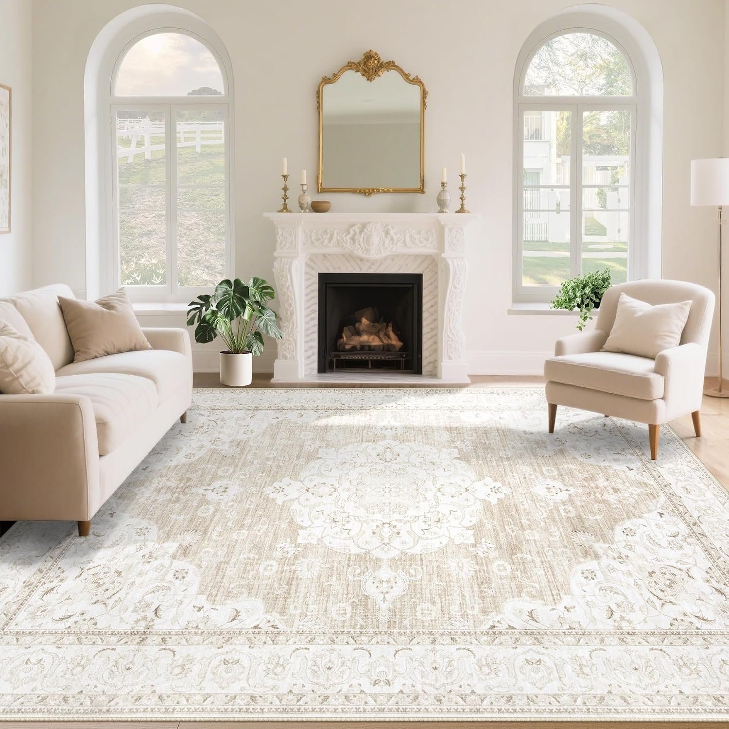 Vintage Living Room Area Rug – 9×12 Large Machine Washable Boho Moroccan Rug Distressed Farmhouse Rugs for Bedroom – Soft Non-Slip Indoor Carpet for Dining Room Office Nursery(Boho Beige, 9’x12′)