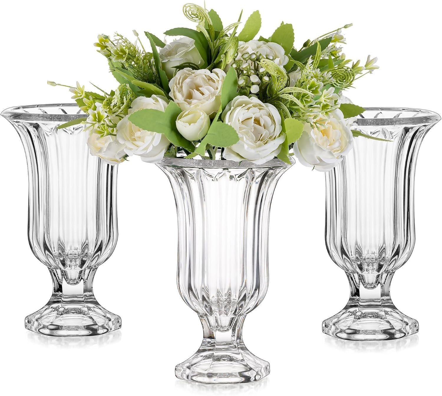 Glasseam 7.5In Tall Glass Vases for Centerpieces, Pedestal Vase for Flowers | Set of 3 Crystal Footed Compote Urn for Floral Arrangement, Vintage Table Decor for Wedding, Showers, Party, Home Dining Room