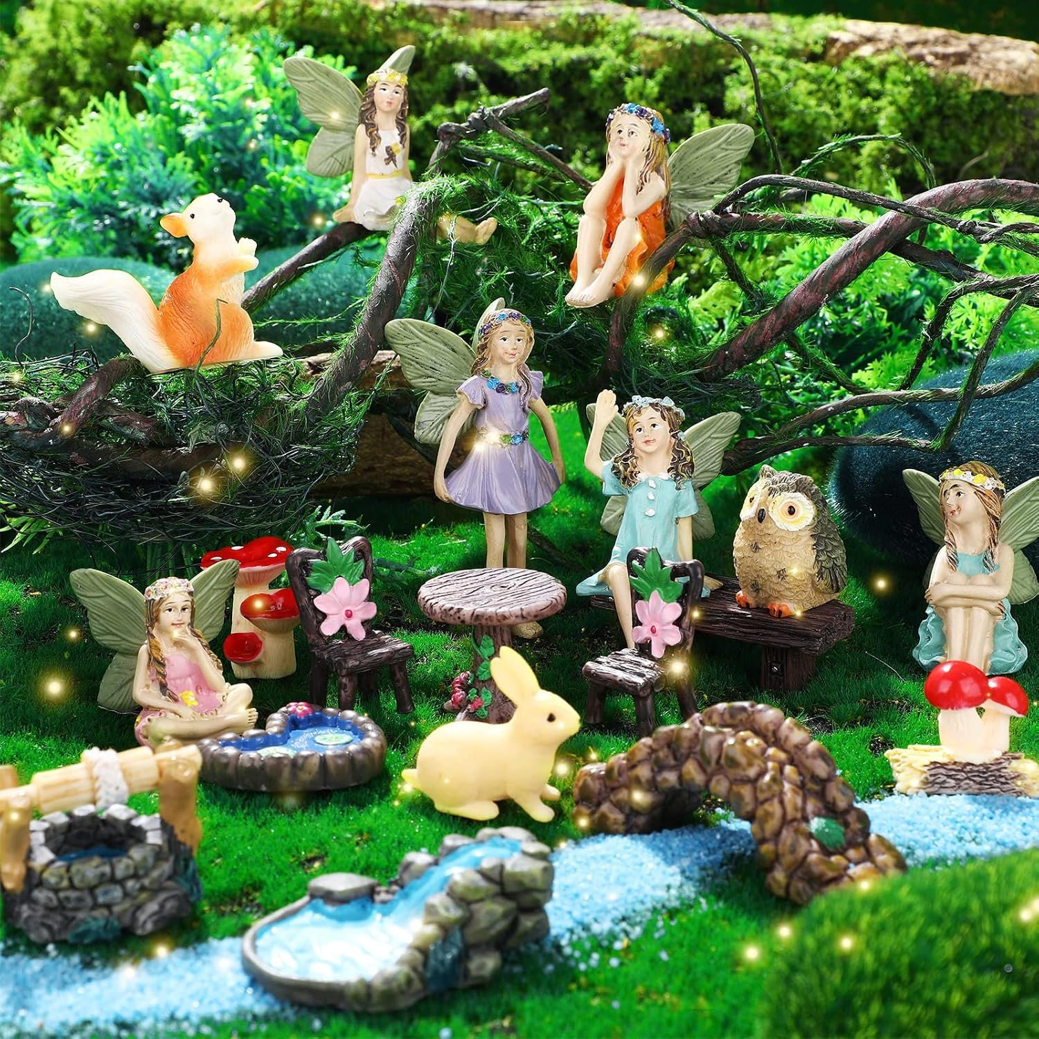 Roowest 19 Pcs Fairy Garden Kit, Miniature Fairy Garden Accessories Outdoor | Small Figurines with Animals Mushroom Pond Bridge, Resin Ornaments, DIY Micro Landscape Decor