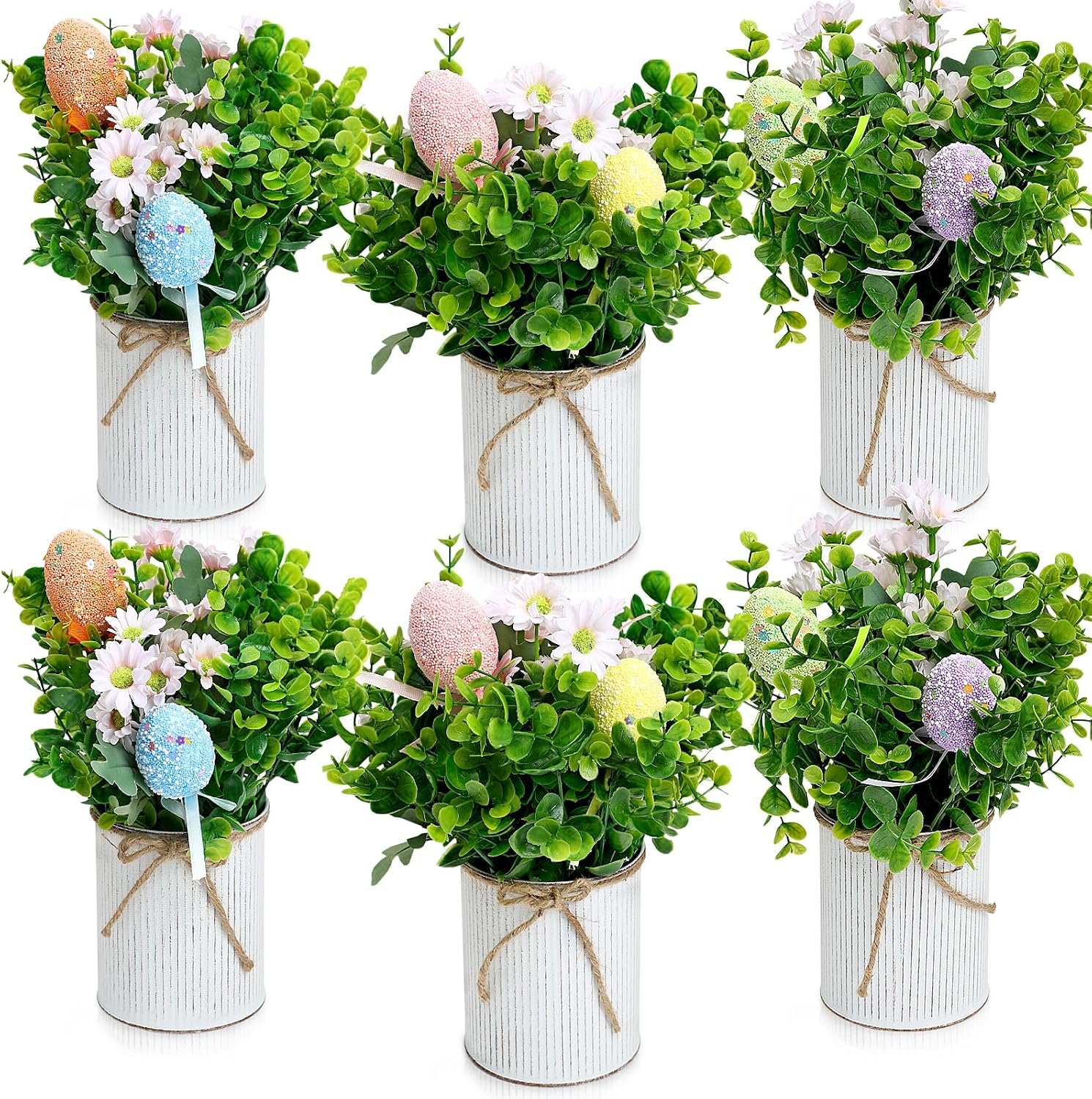 Spring Easter Table Decorations Centerpieces – Set of 6 Pre-Made Eggs Tabletop Arrangements with Rustic Metal Vase for Farmhouse Dining Room Home Kitchen Indoor Party Office Decor