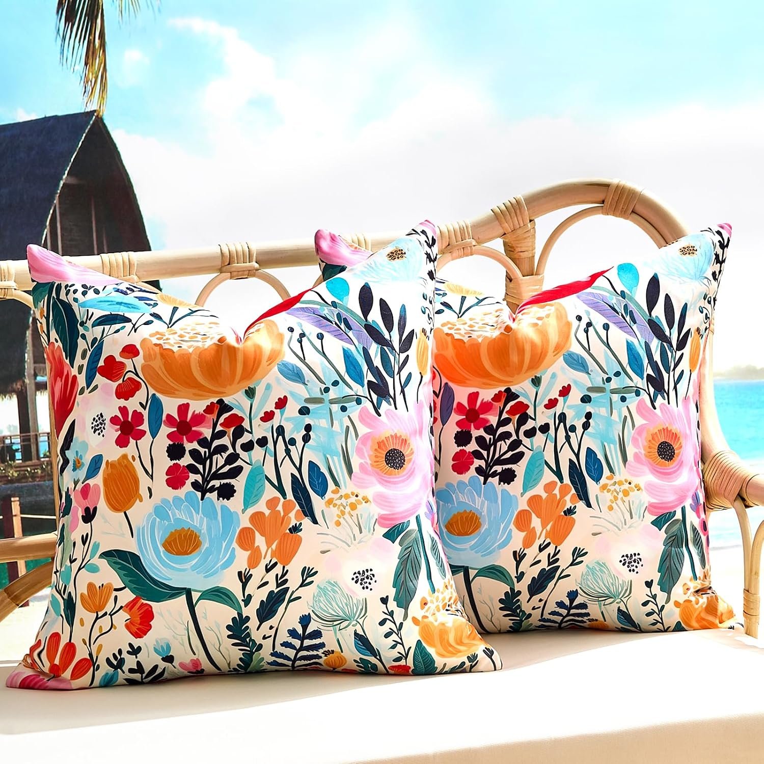 Outdoor Waterproof Throw Pillow Covers Set of 2 Floral Printed Blue Pink Orange Red Flower Pillowcase Farmhouse Outdoor Pillow Covers Square 18×18 Inch for Sofa Garden Patio Funiture Bench