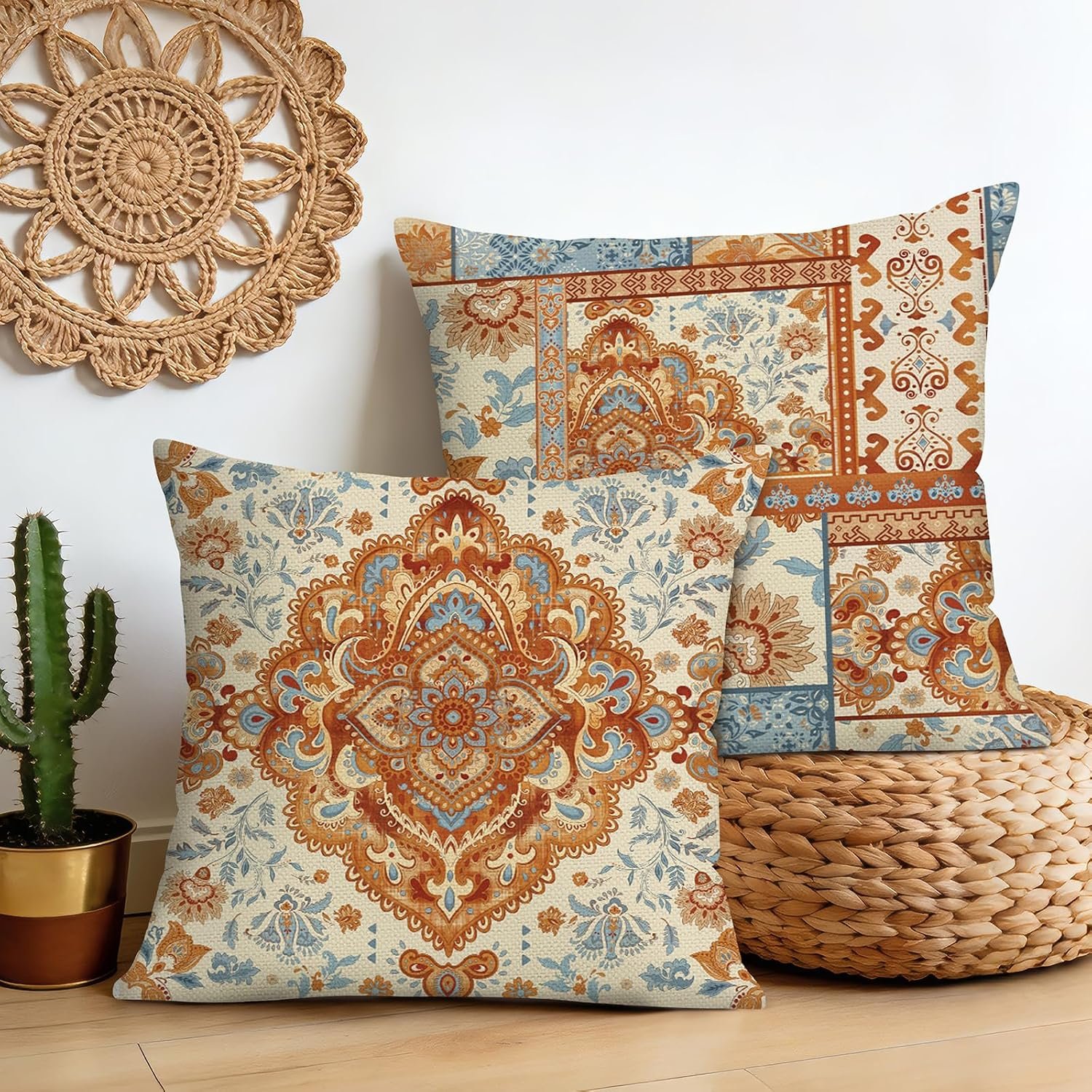 Bonhause Boho Throw Pillow Covers 18×18 Inch Set of 2 Vintage Bohemian Carpet Pattern Double Sided Ethnic Brown Outdoor Decorative Cushion Cases for Home Sofa Couch Bedroom Decor