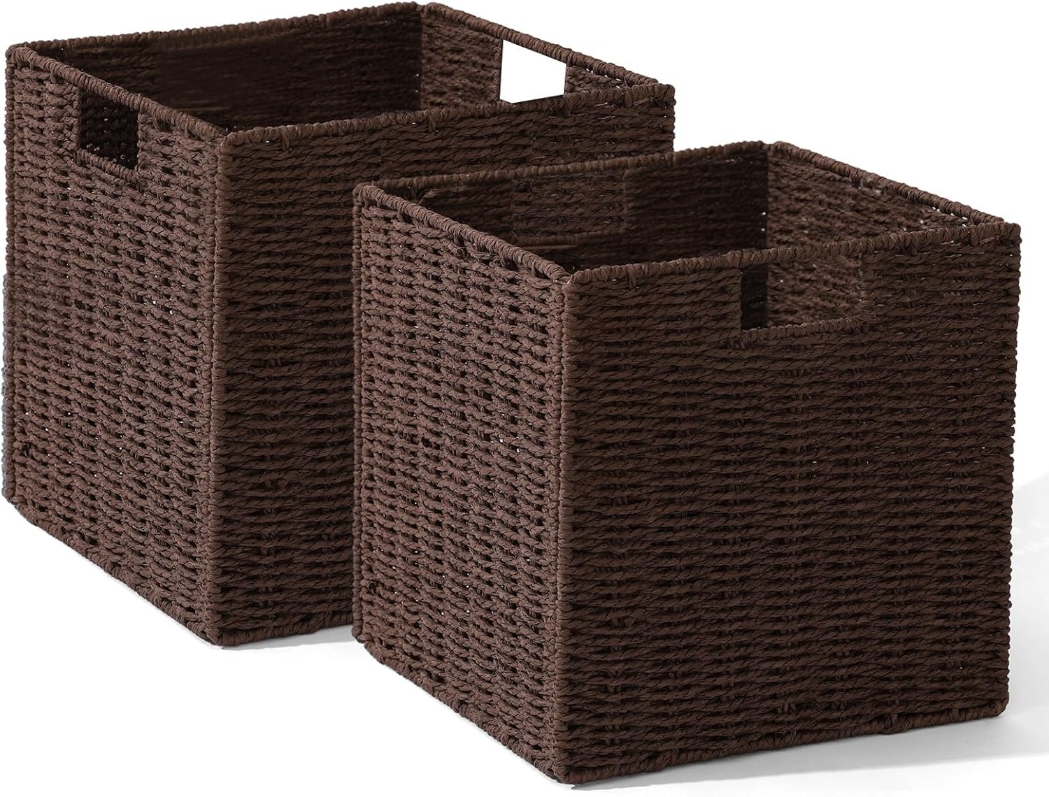 Set of 2 Hand-Woven Paper Rope Wicker Baskets, 12x12x12in Storage Basket, Foldable Cube Storage Bins, Brown Storage Cubes, Square Baskets for Organizing Shelves Decor