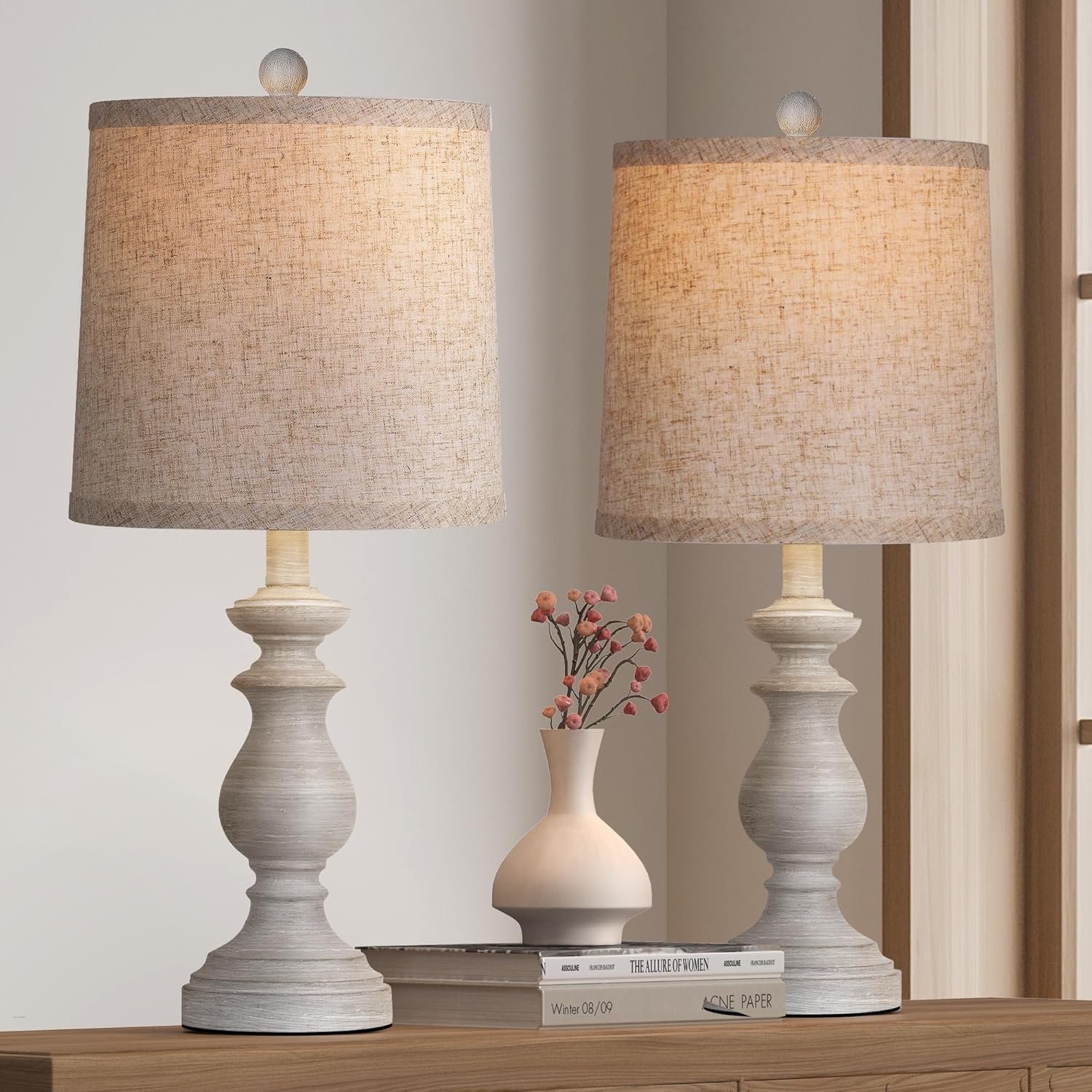 Traditional Table Lamp Set of 2, Rustic Farmhouse Table Lamps for Living Room Bedroom, 22″ Bedside Desk Lamps Vintage Nightstand Lamps with Linen Shades, Antique Grey
