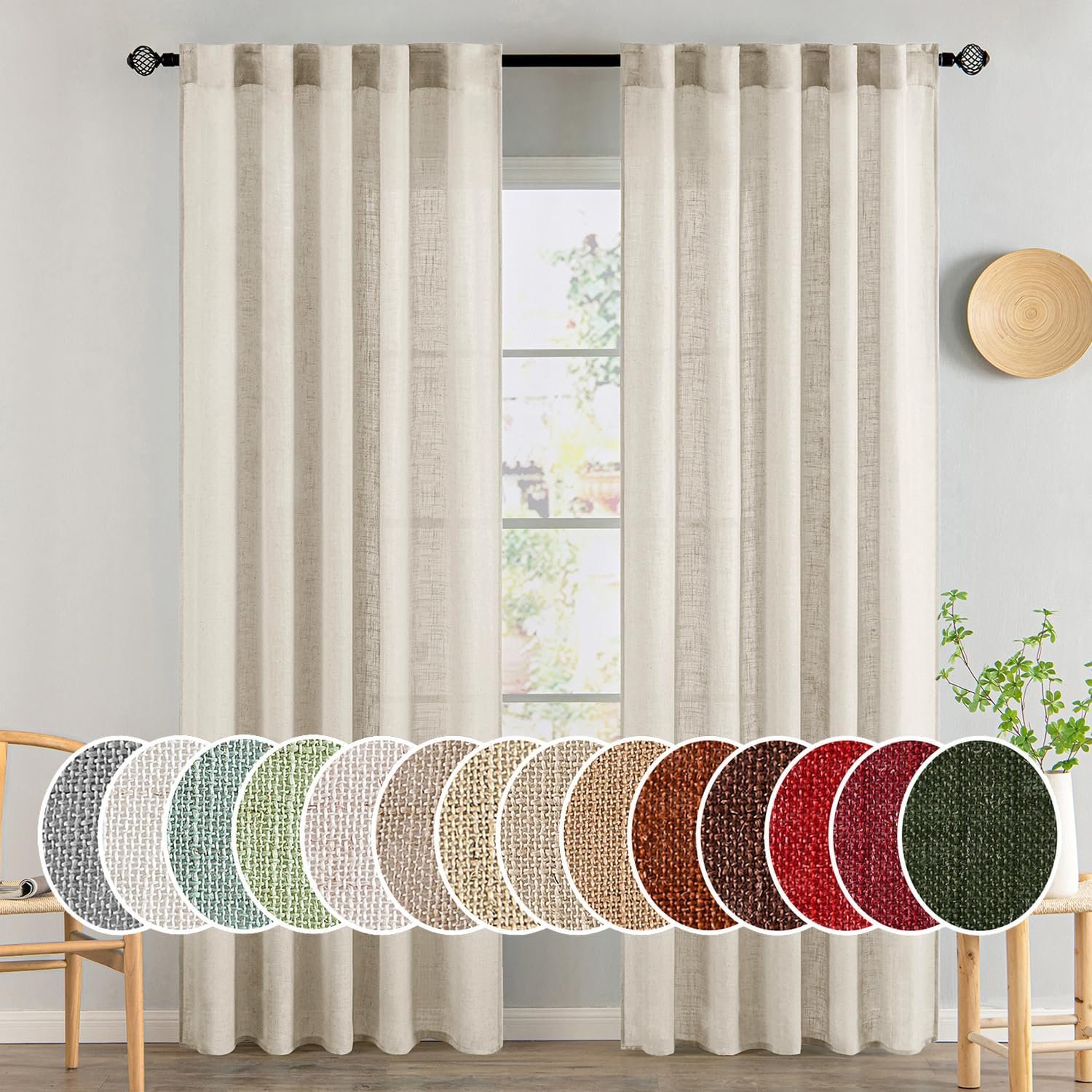 MIULEE Cream Linen Curtains 52×84 Inch 2 Panels for Bedroom Living Room | Soft Linen Textured Window Drapes, Semi Sheer Light Filtering, Back Tab Rod Pocket, Farmhouse Modern Burlap Look Decor