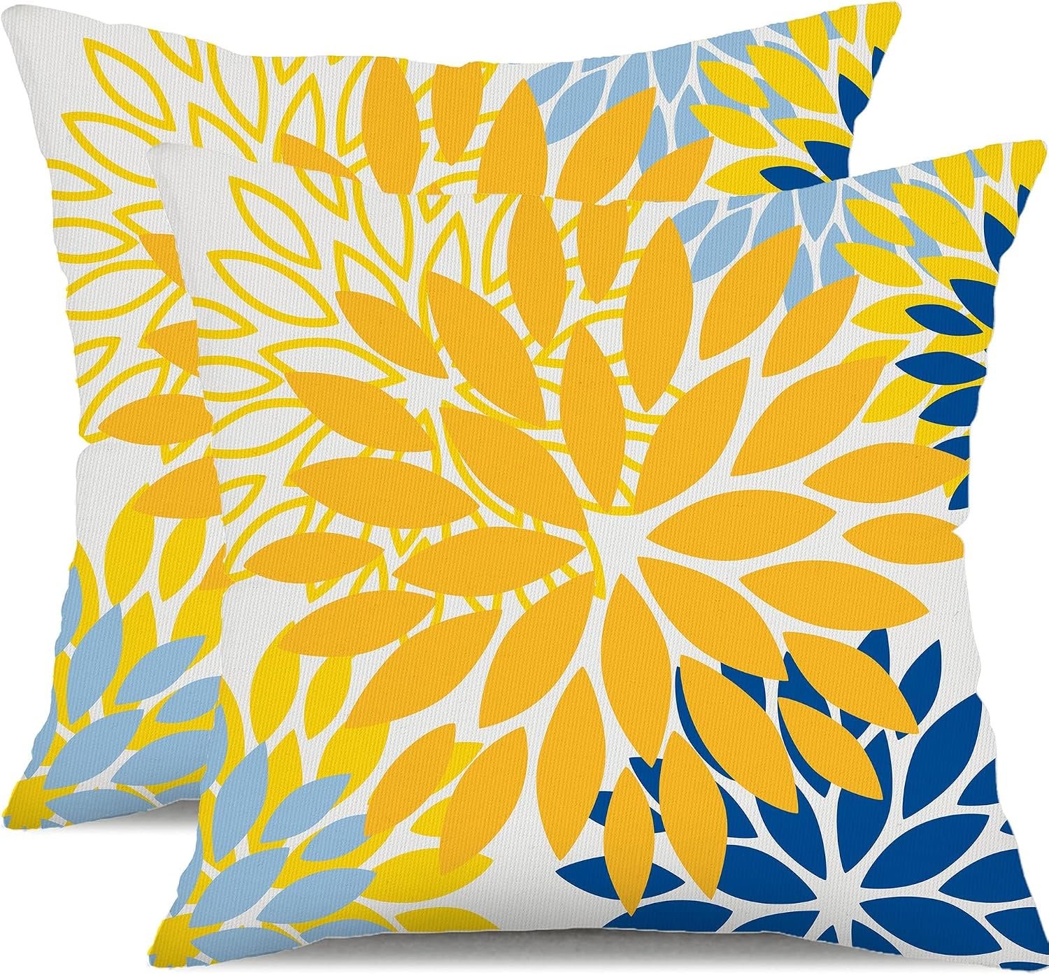 DFXSZ Outdoor Waterproof Pillow Covers 18×18 Set of 2 Yellow Blue Flower | Spring Summer Waterproof Flower Throw Pillowcases（No Inserts）Outdoor Decor for Patio Funiture Garden Polyester Covers