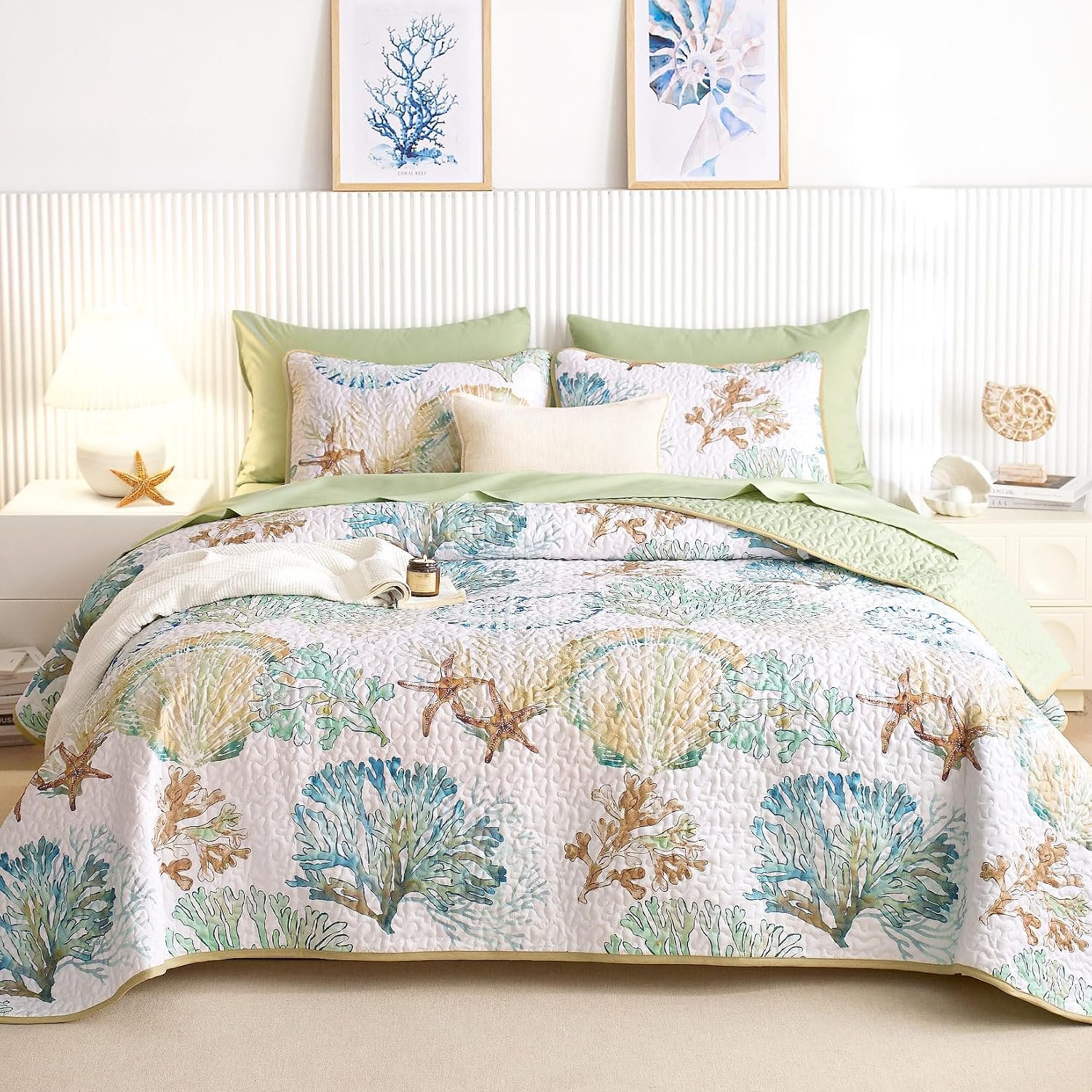 Wake In Cloud – Coastal Quilt Set, Nautical Ocean Beach Themed Tropical Summer Patterned, Reversible Lightweight Bedspread Coverlet, 3 Pieces, Green Tan, Queen/Full Size