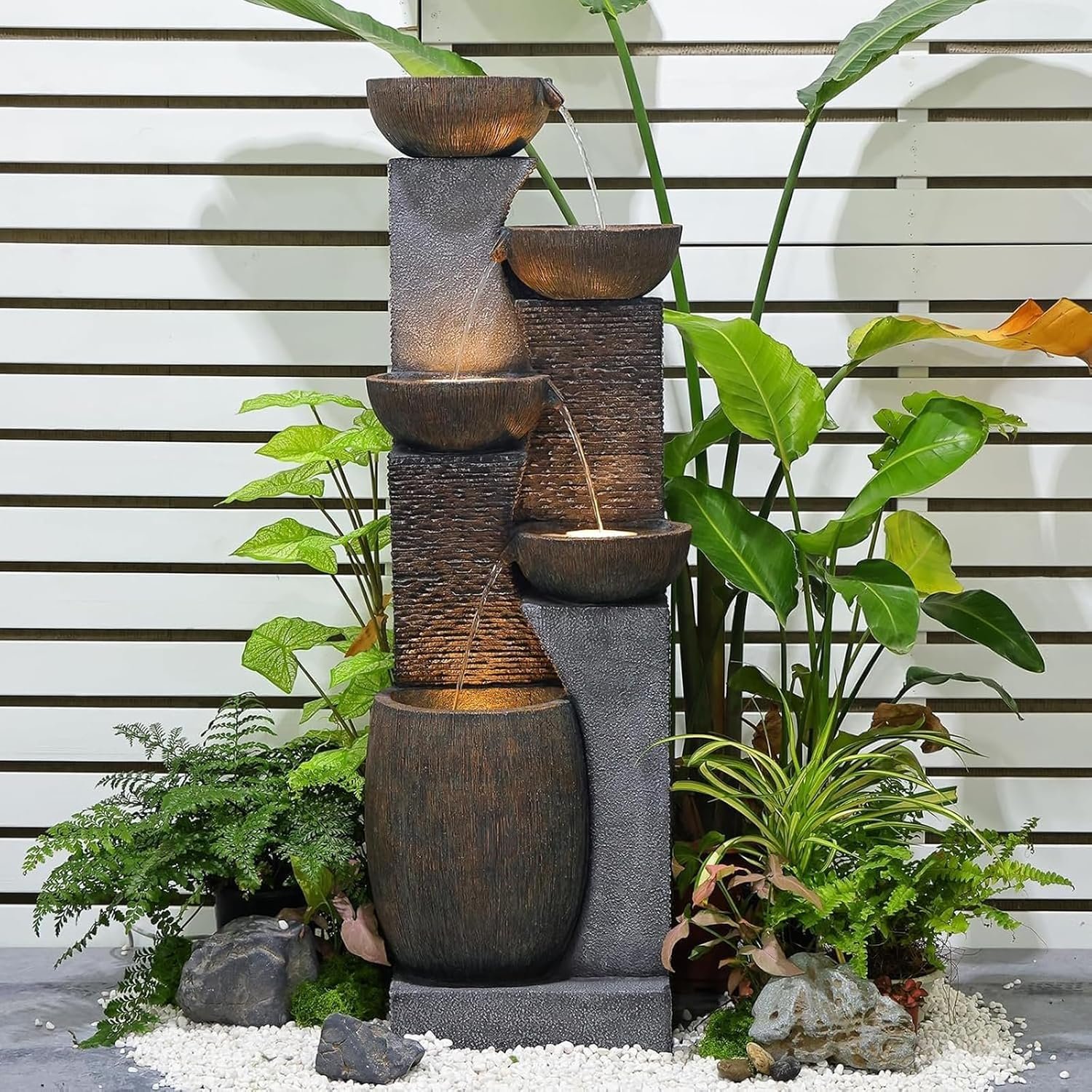 Bumilgar 51.4″ H Outdoor Garden Water Fountain for Garden, Patio, Backyard, Deck, Porch and Home Art Decor, 5 Tiers Modern Cascading Large Outdoor Fountain with Lights