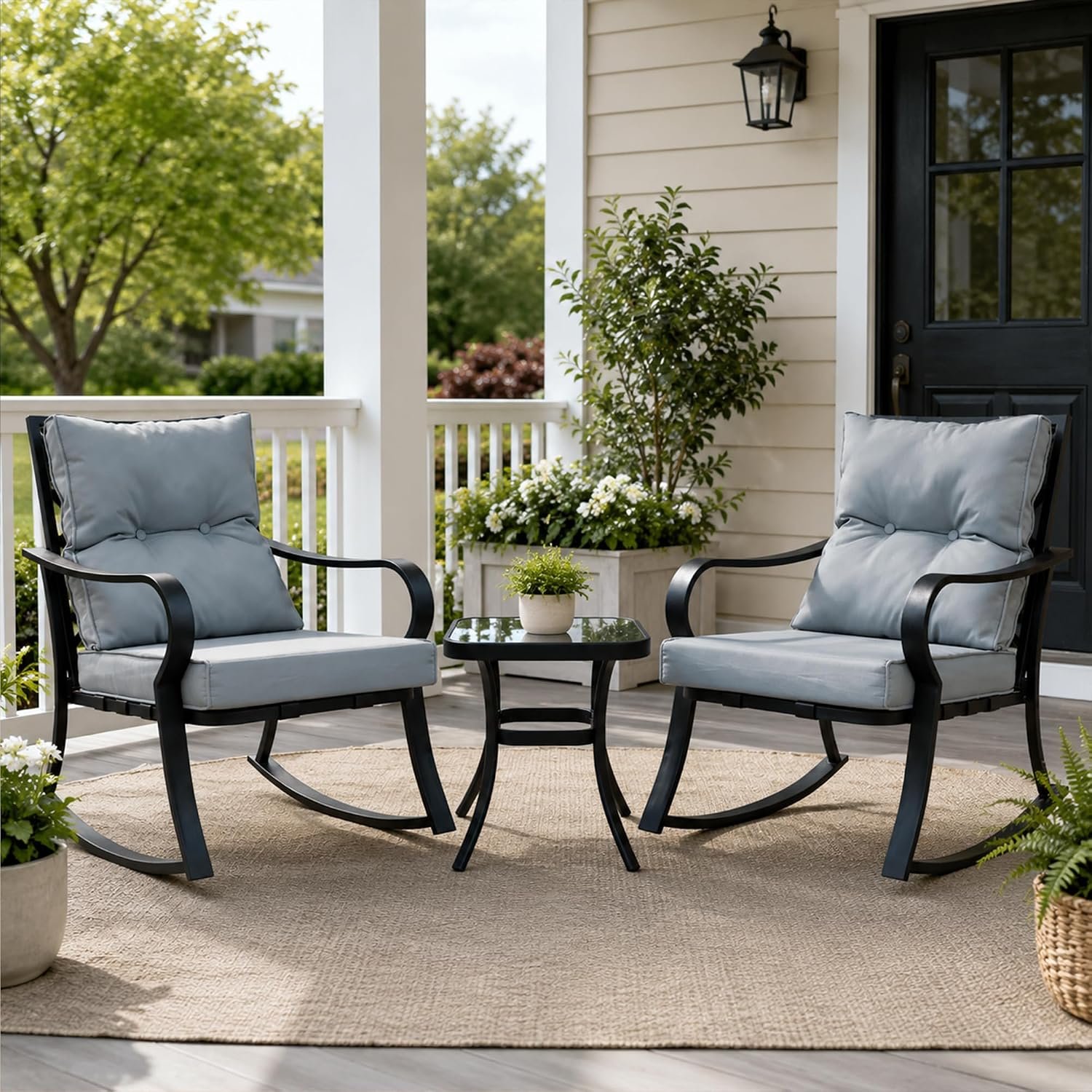 Patio Rocking Chairs Set of 2 with Side Table,Outdoor Rocking Chair with Thick Cushion & Metal Frame,3-Piece All-Weather Bistro Sets for Porch, Backyard