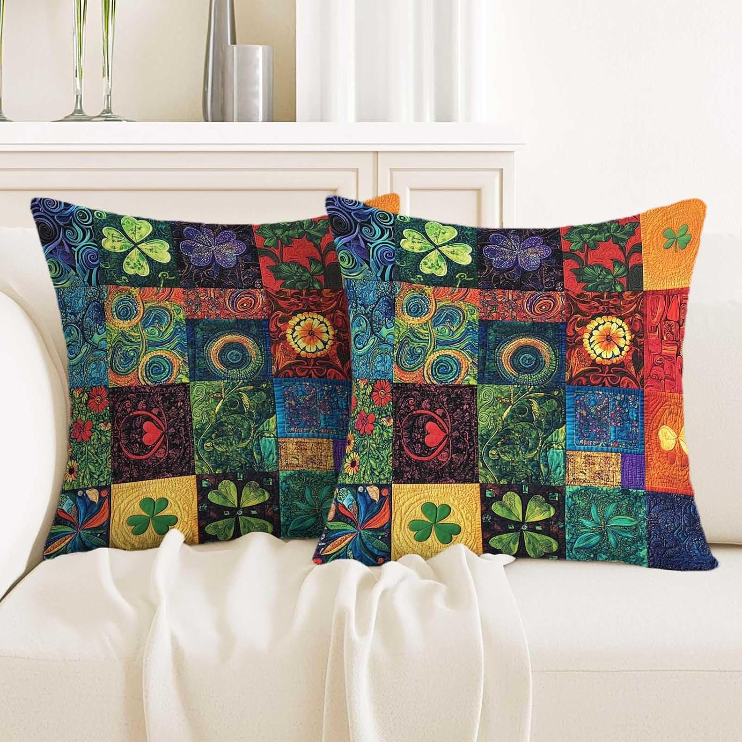 Patchwork Printed Throw Pillow Covers 18×18 Set of 2 | Colorful Boho Decorative Cushion Covers with Hidden Zipper | Floral Clover Mosaic Pillowcases for Couch Sofa Eclectic Home Decor