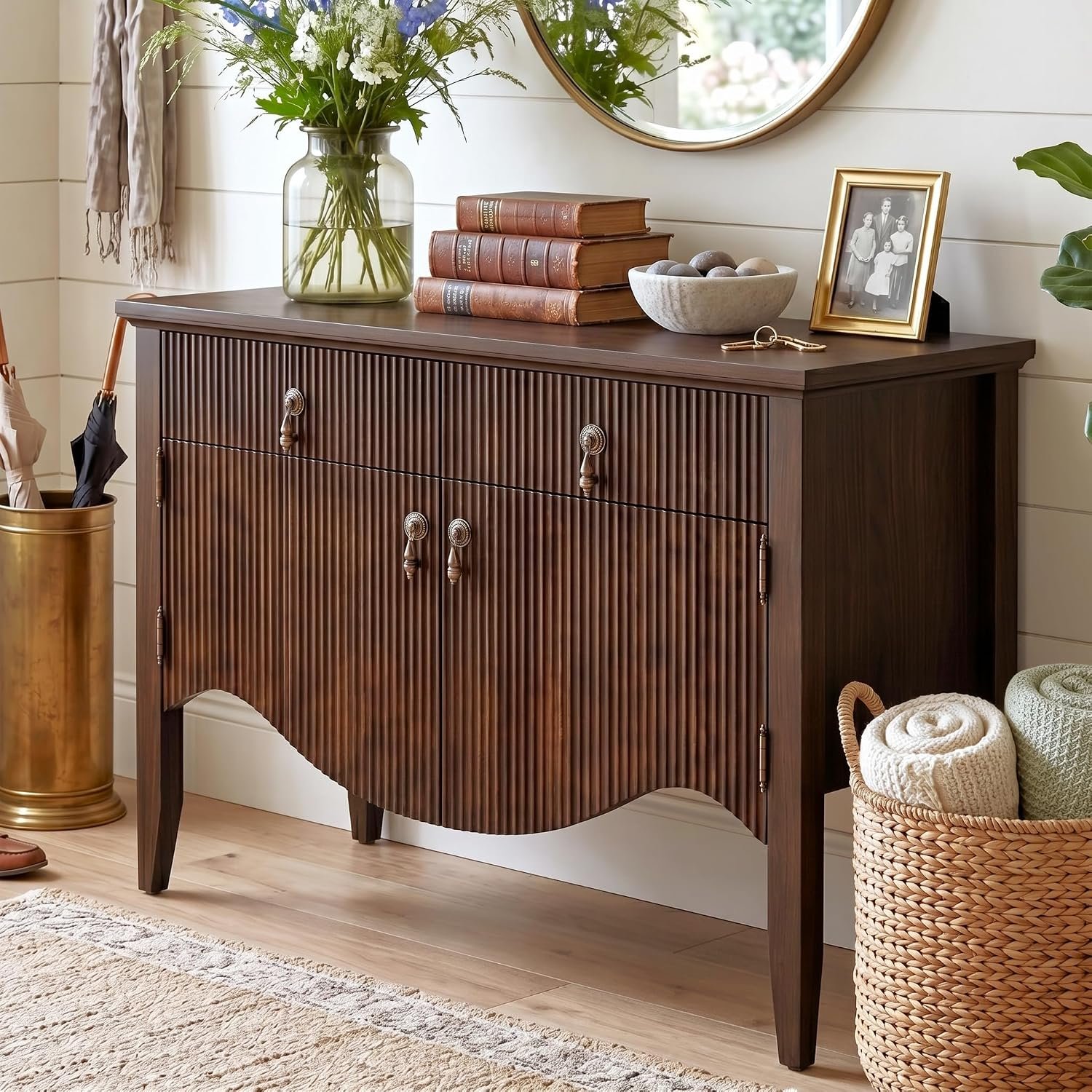 FUSUNBAO 40″ Fluted Buffet Cabinet, Sideboard Credenza with Drawer,Walnut | Retro,Storage Cabinet,Fluted Sideboard Credenza, 2 Drawer, Accent Bar Cabinet, For Living Room, Dining Room, Entryway